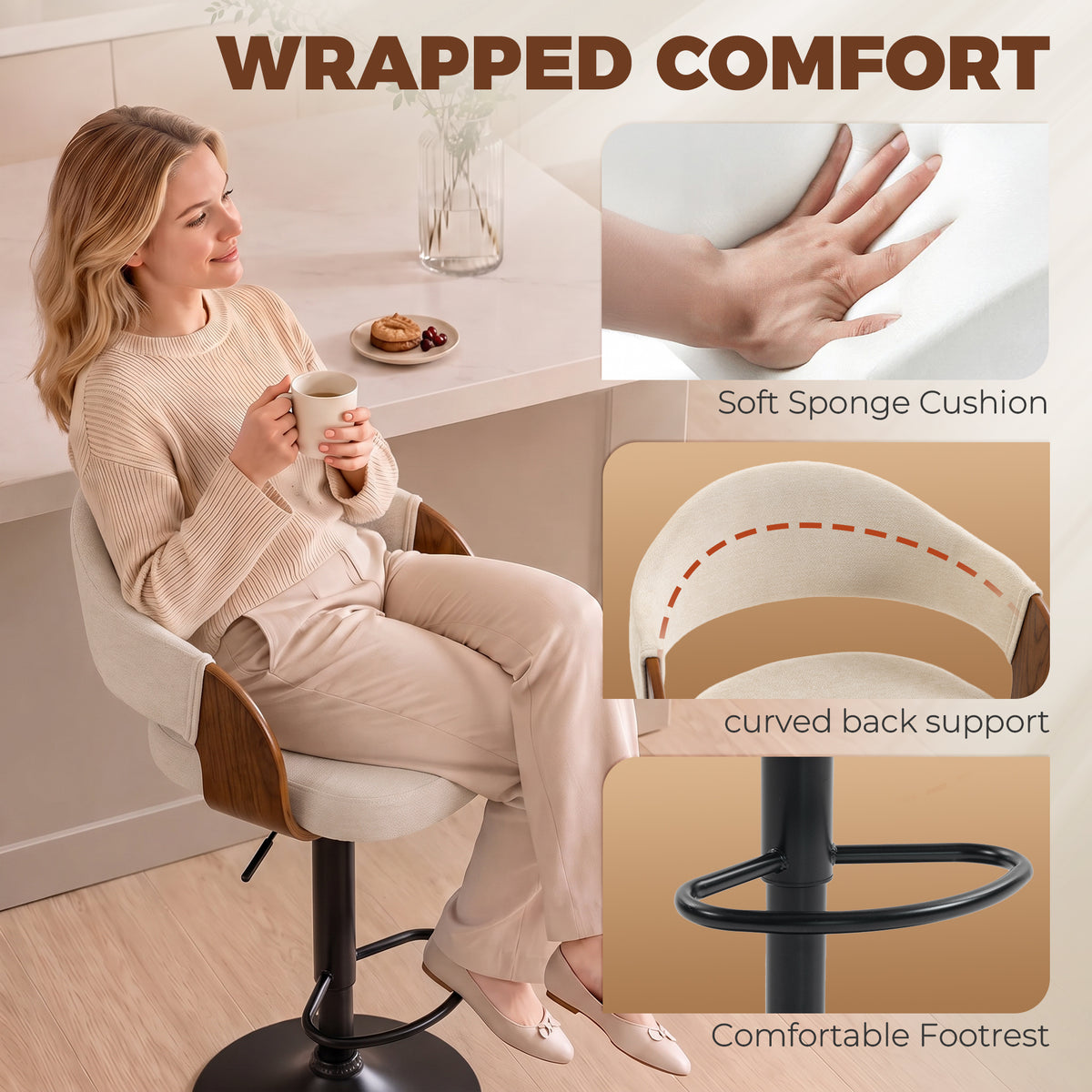 HOMCOM Bar Stools Set of 2 Height Adjustable Bar Chairs Swivel Backrest Footrest Faux Linen Beige