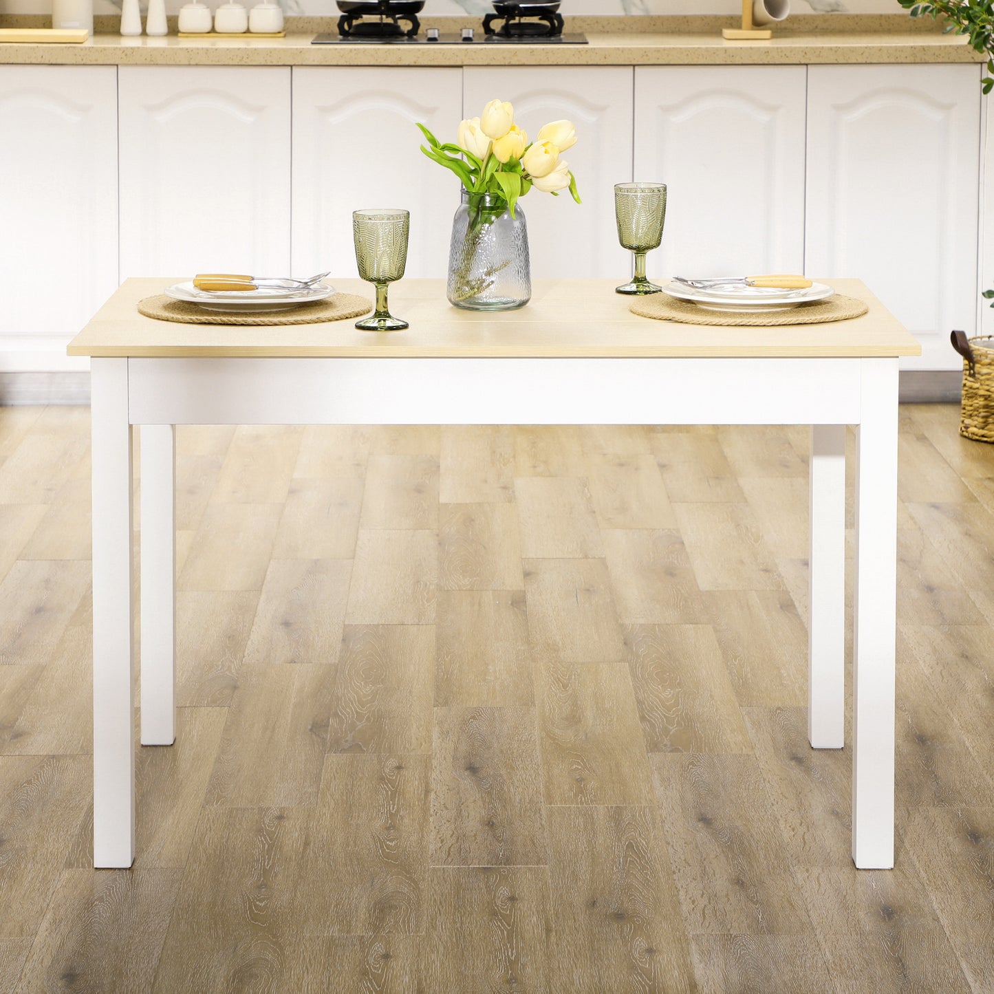 HOMCOM Dining Table for 4 to 6, Modern Kitchen Table with Wood Effect Tabletop, Thick Legs, 120L x 70W x 75Hcm, for Dining Room, Kitchen, Living Room, Oak