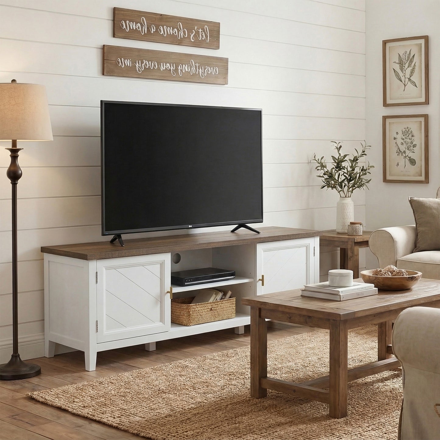 HOMCOM TV Unit for TVs up to 42 Inch, Farmhouse Entertainment Centre with 2 Open Shelves, 2 Cabinets and Thick Top