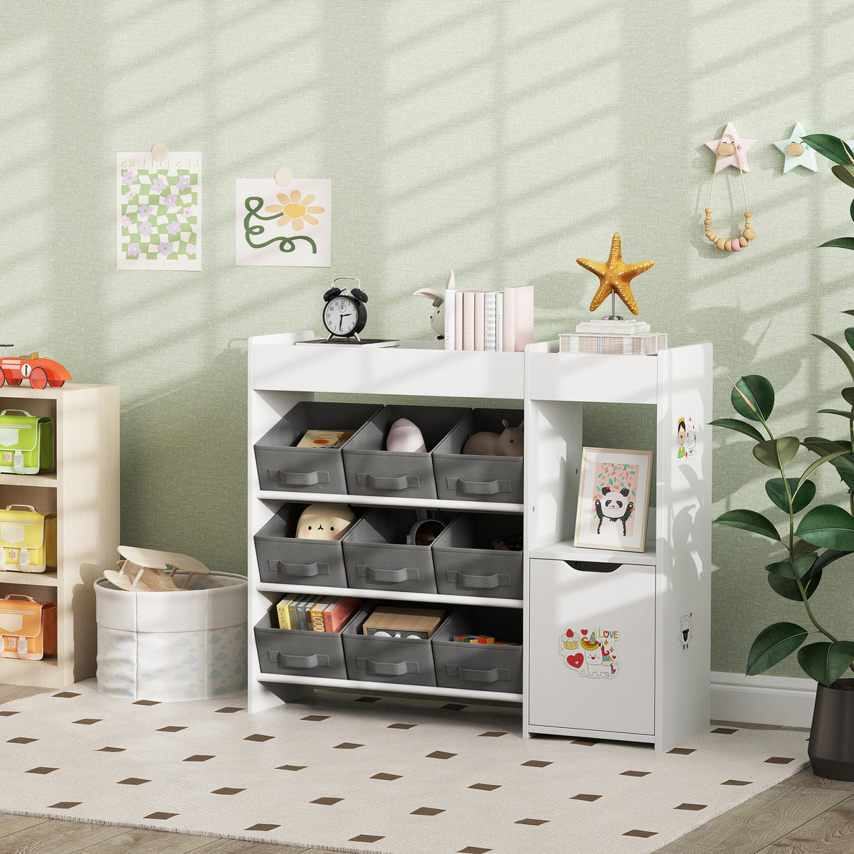 AIYAPLAY Kids Toy Storage, 9 Removable Fabric Bins, Wooden Toy Storage Units for Toys and Books for Bedroom, Nursery, White