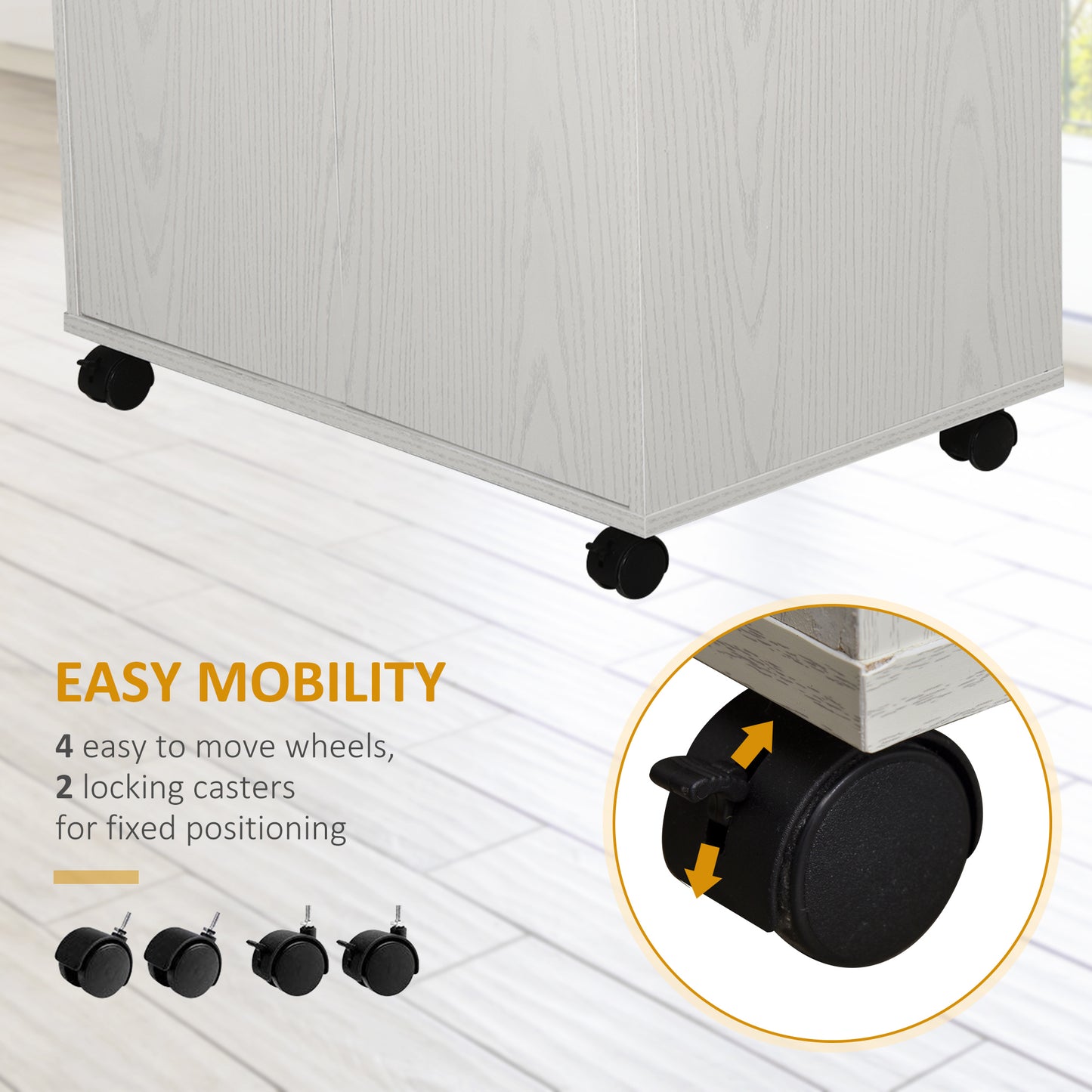HOMCOM Kitchen Storage Unit, Modern Microwave Stand Trolley Cart, Sideboard with Cabinet,  Locking Wheels, Shelf for Living Room, Dining Room, White