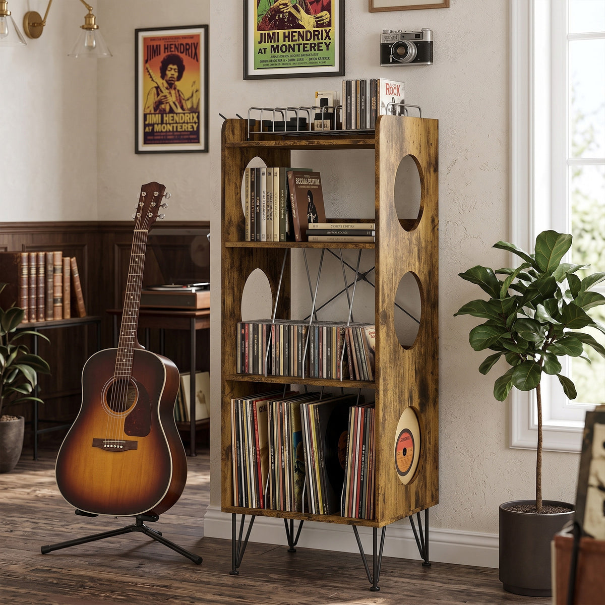 HOMCOM Record Player Stand Open Multi Compartment Media Shelf Home 2 Hooks Rustic Brown
