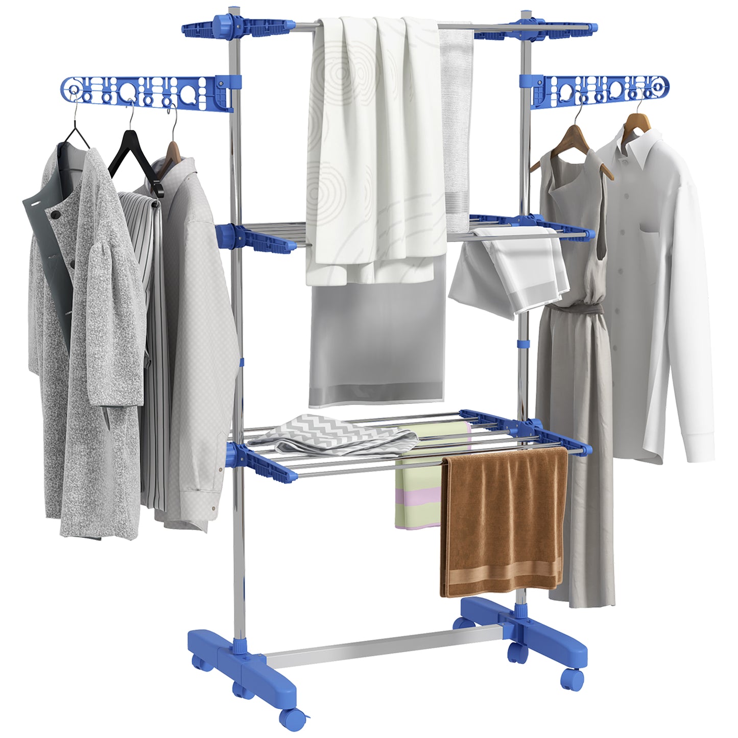 HOMCOM Three-Shelf Collapsing Clothes Horse, With Side Arms and Wheels - Blue Default Title