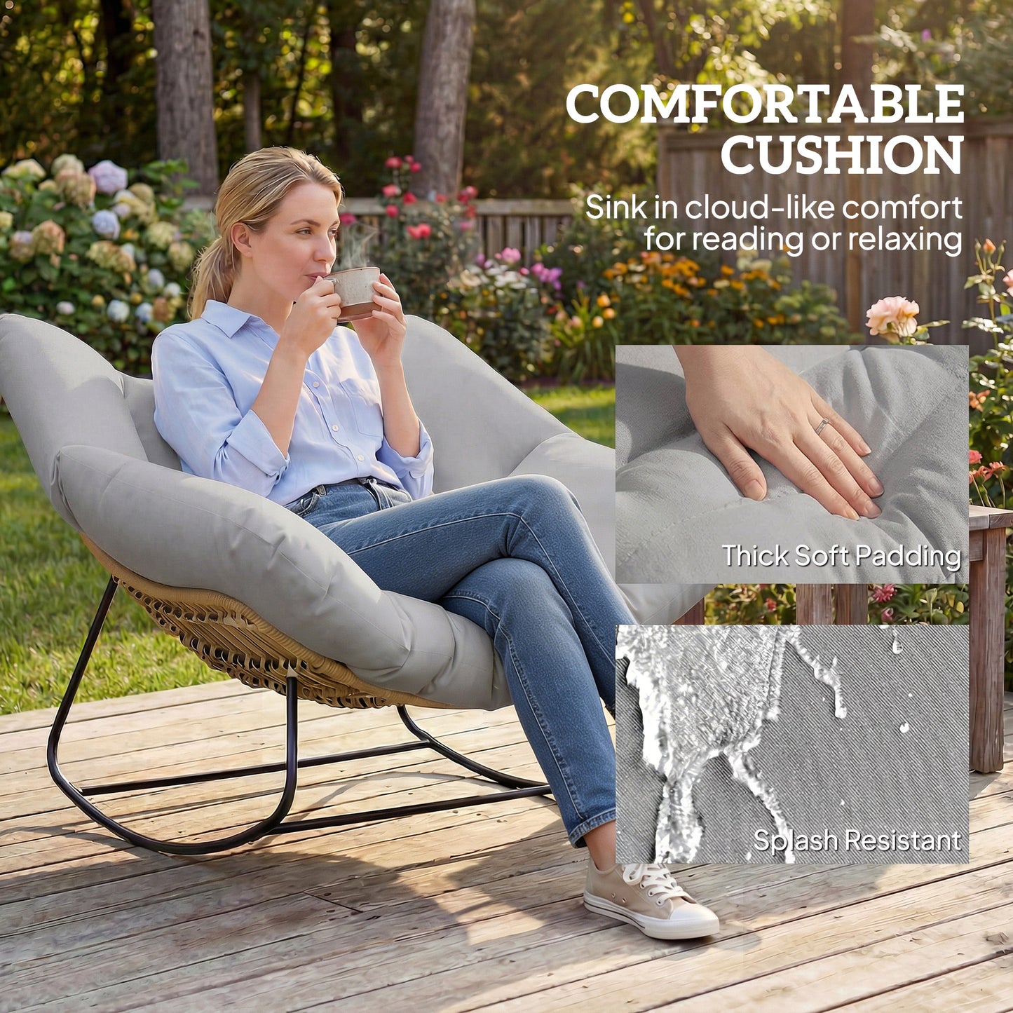 Outsunny Indoor Outdoor Rocking Chair, Oversized Rocking Egg Chair with Cushion for Living Room, Garden, Patio, Light Grey