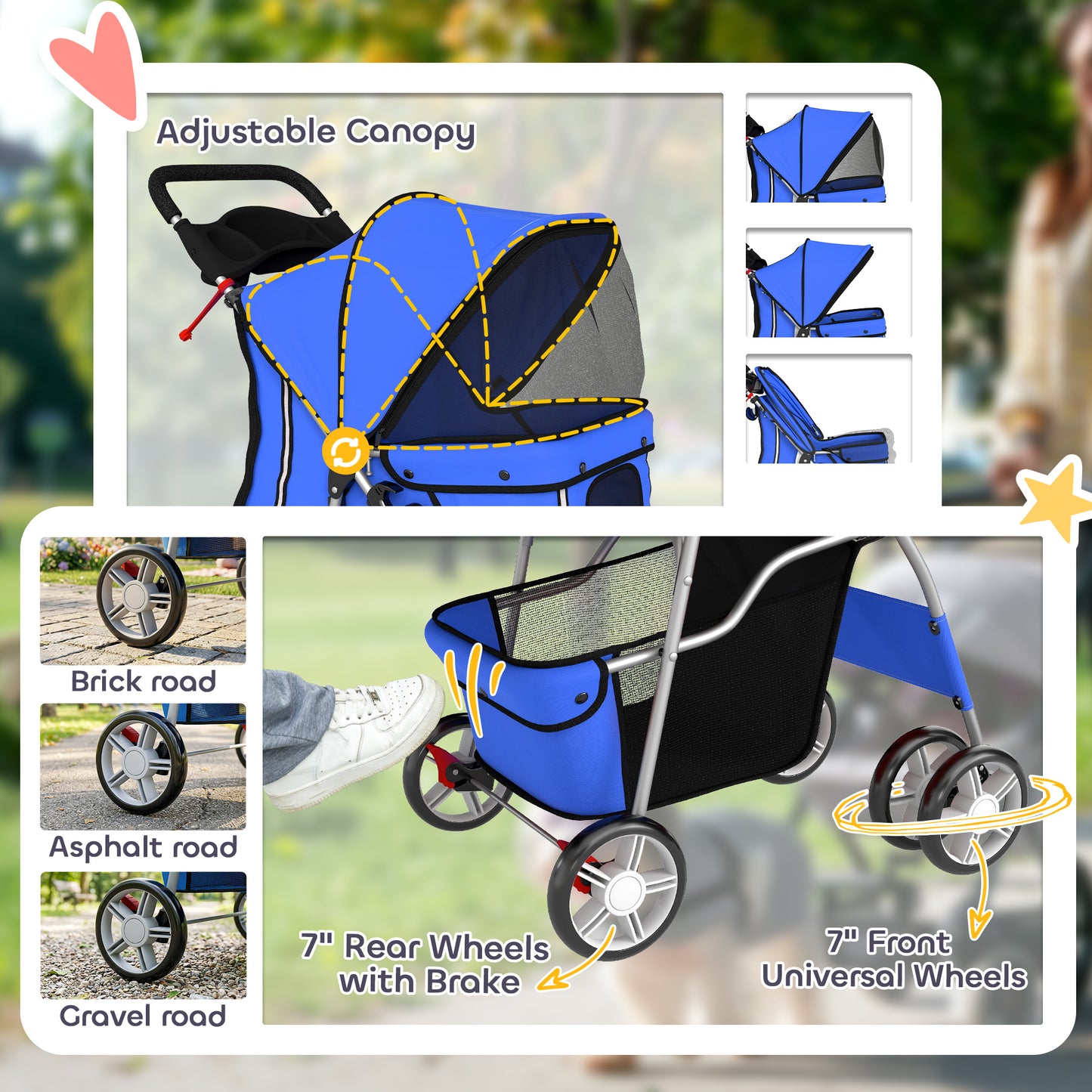PawHut Dog Pram, Pet Stroller with Reflective Strips, Foldable Cat Stroller with 360Â° Swivel Wheels, Blue