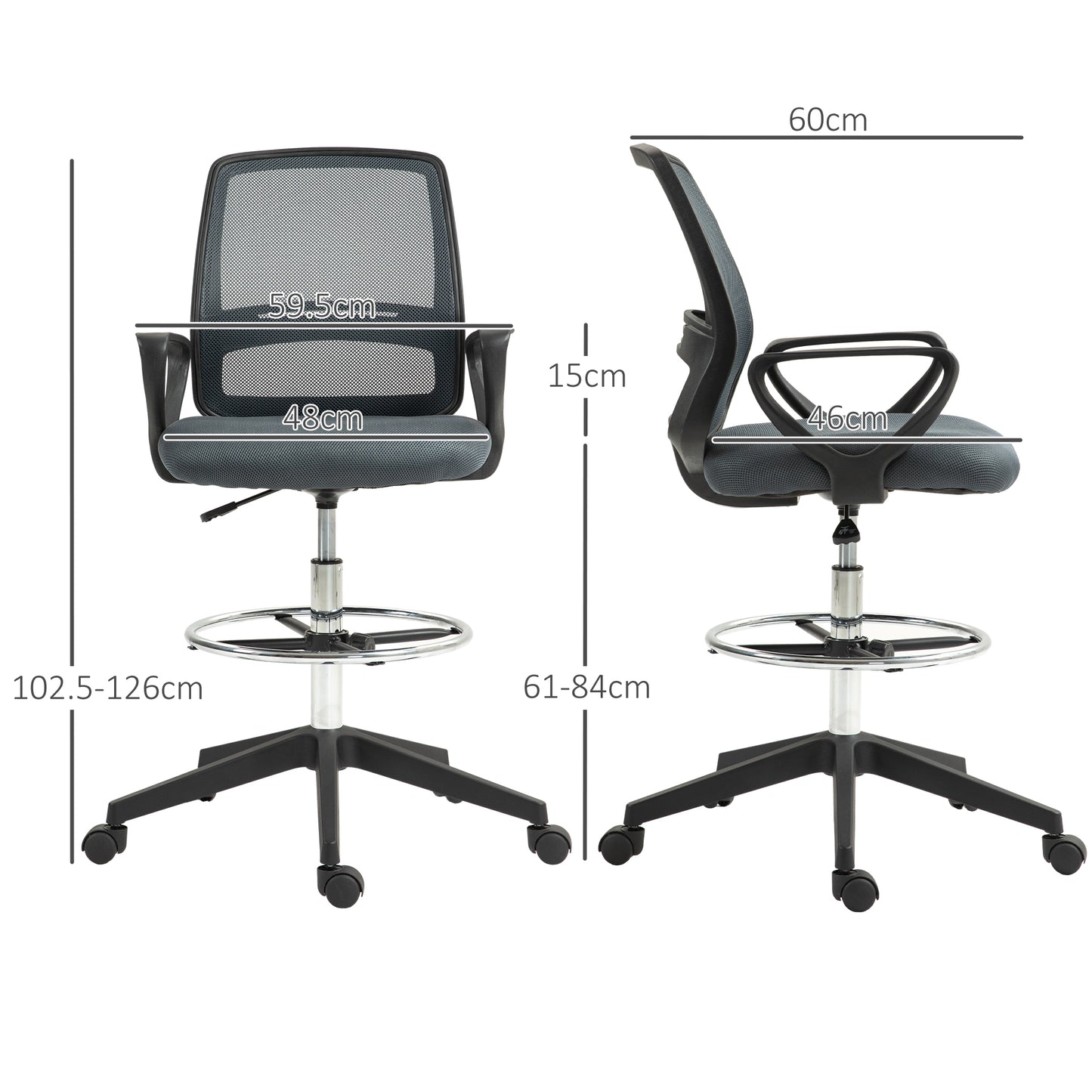 Vinsetto 102.5-126cm Draughtsman Office Chair, with Footrest - Grey