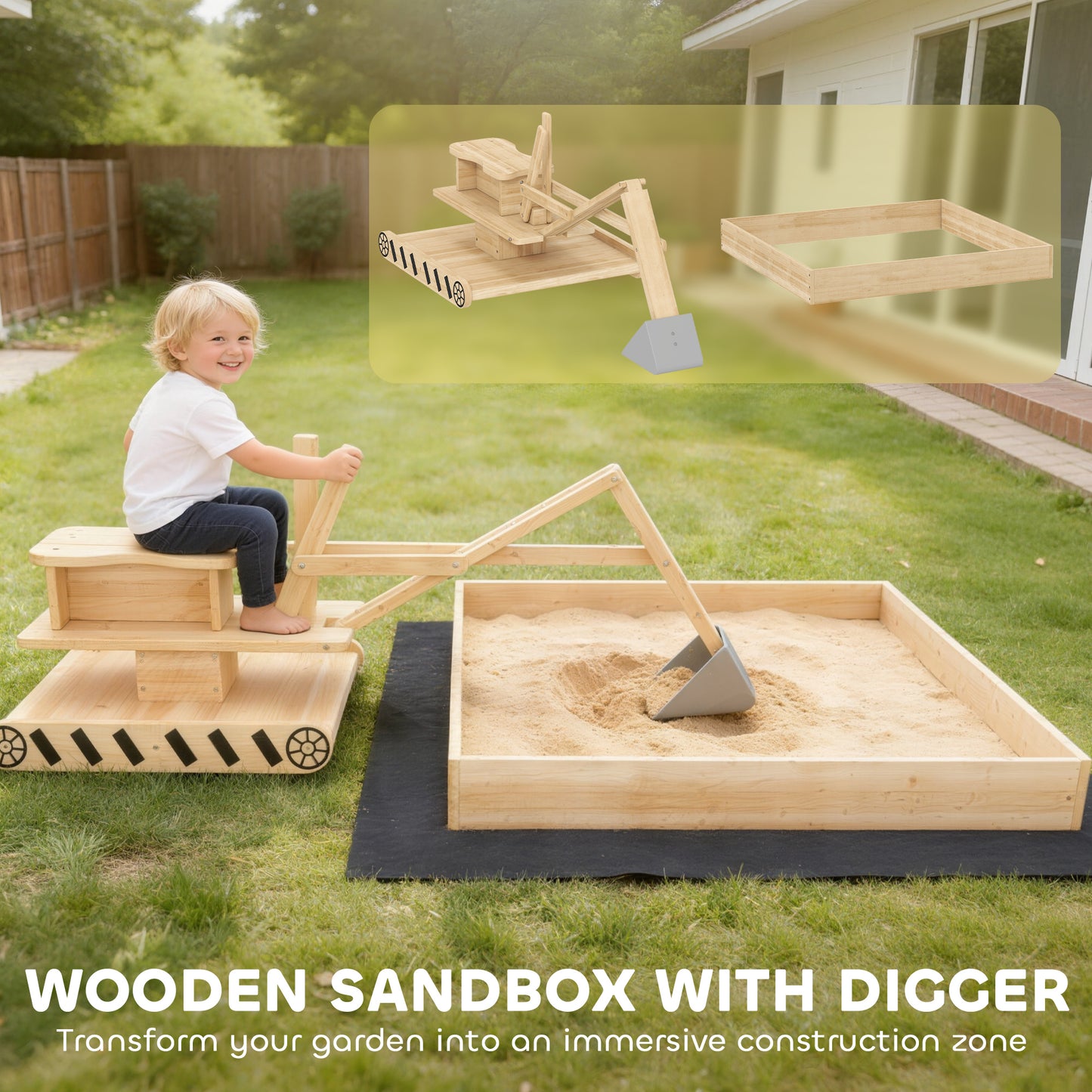 AIYAPLAY Wooden Sand Pit with Digger, Kids Sandbox Outdoor, SandPit with 360 Swivel Seat and Bottom Liner