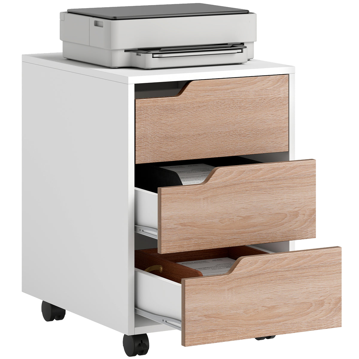 HOMCOM 3 Drawer Mobile File Cabinet, Vertical Filing Cabinet with Wheels for Home Office, Oak Default Title