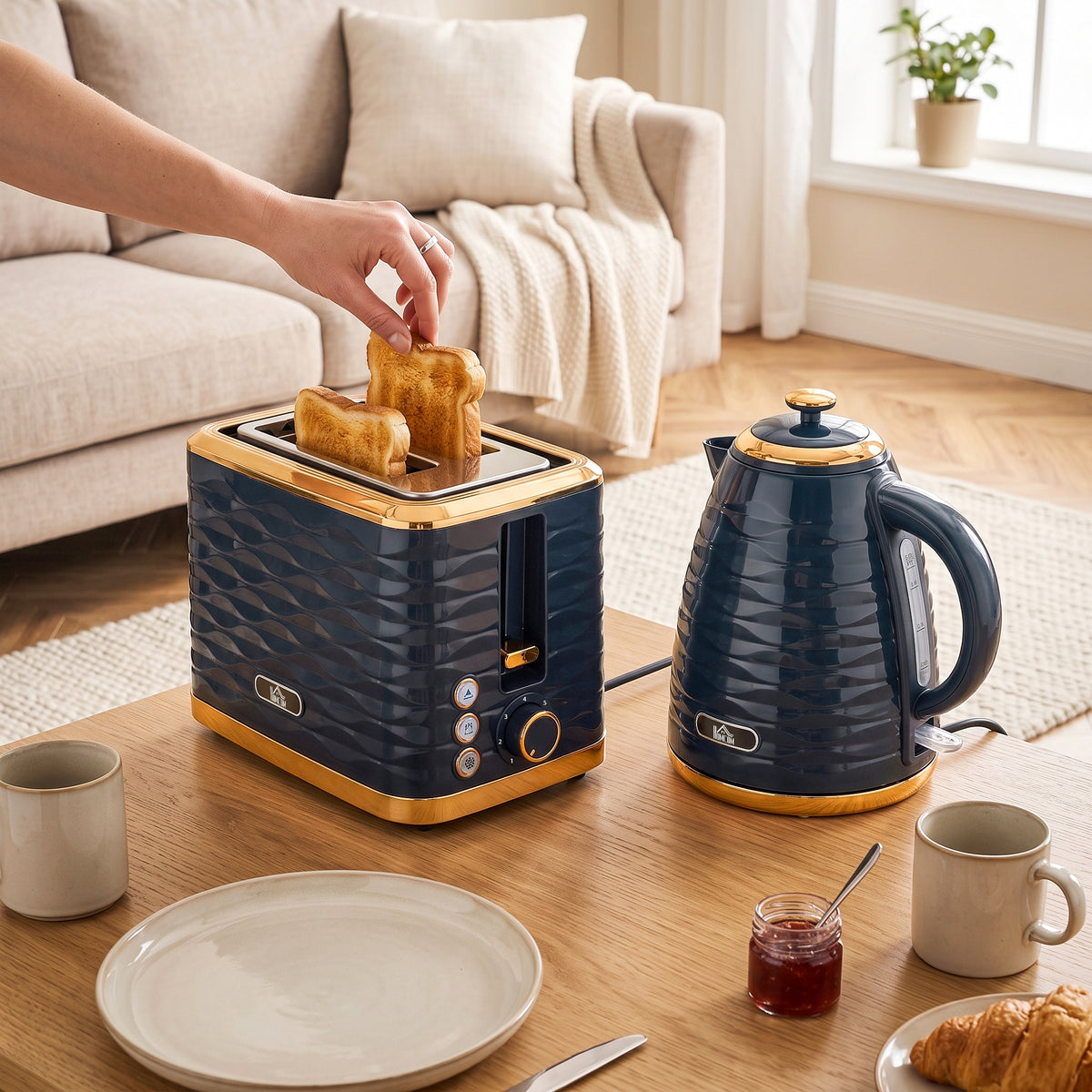 HOMCOM Kettle and Toaster Sets, 3000W 1.7L Rapid Boil Kettle & 2 Slice Toaster with 7 Browning Controls, Defrost, Dark Blue