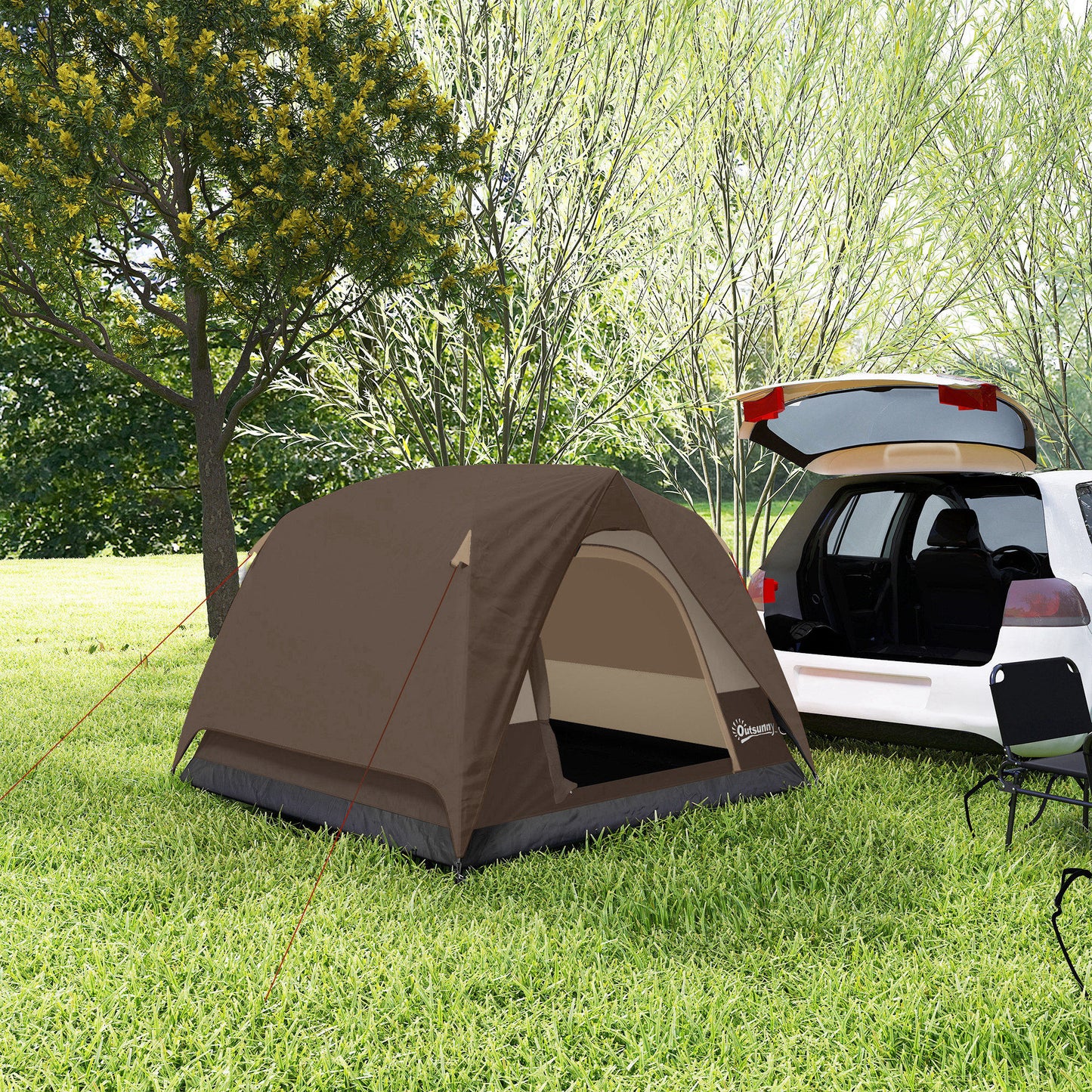 Outsunny 3-4 Person Camping Tent, Easy Set Up 3-4 Man Tent w/ Sewn-in Groundsheet, Waterproof Dome Tent w/ Mesh Windows, Brown