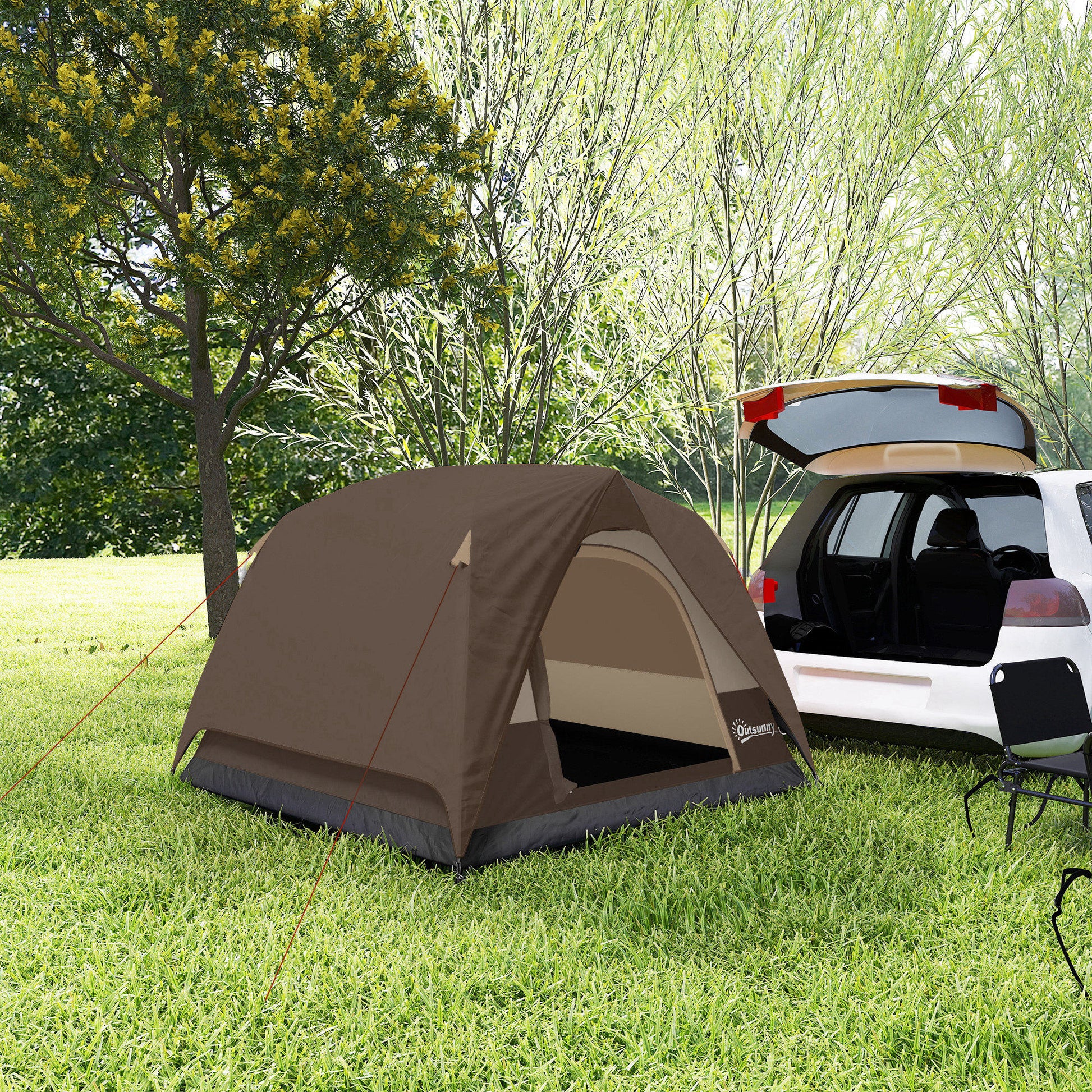 Outsunny 3-4 Person Camping Tent, Easy Set Up 3-4 Man Tent w/ Sewn-in Groundsheet, Waterproof Dome Tent w/ Mesh Windows, Brown
