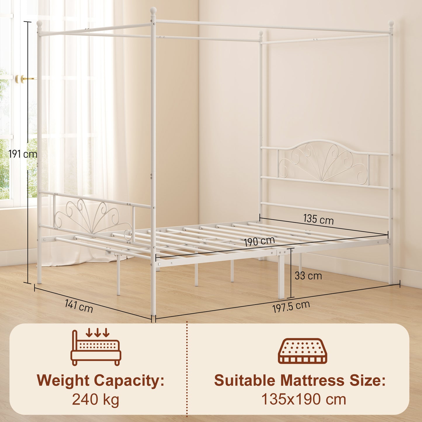 HOMCOM Canopy Bed Frame Double Size, Metal Platform Bed Frame with Headboard and Footboard, Underbed Storage, White