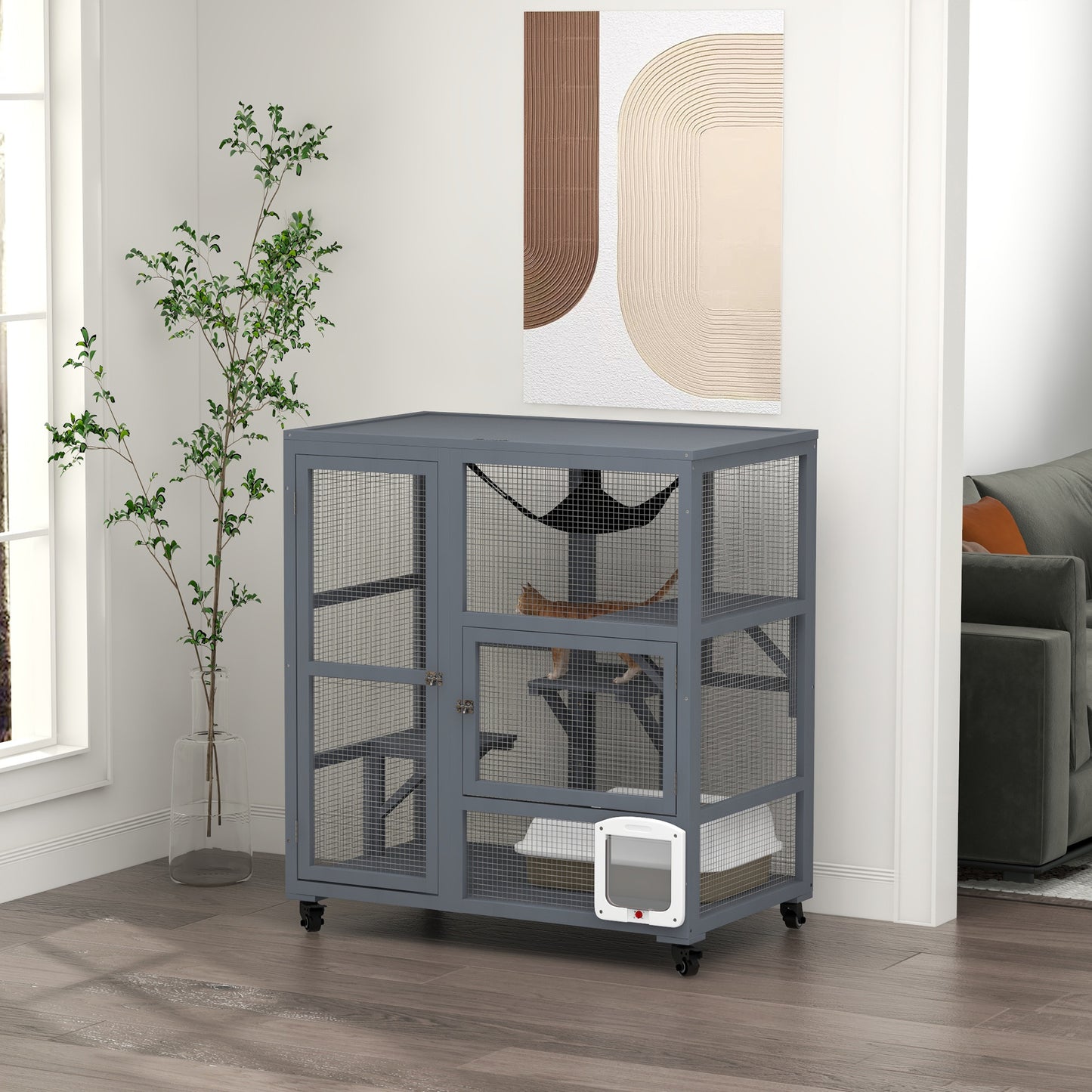 PawHut Cat House, Wooden Indoor Catio Cat Enclosure on Wheels, Wooden Kitty Cage with Platforms, Hammock, Light Grey