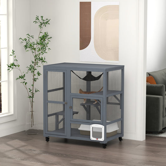 PawHut Cat House, Wooden Indoor Catio Cat Enclosure on Wheels, Wooden Kitty Cage with Platforms, Hammock, Light Grey