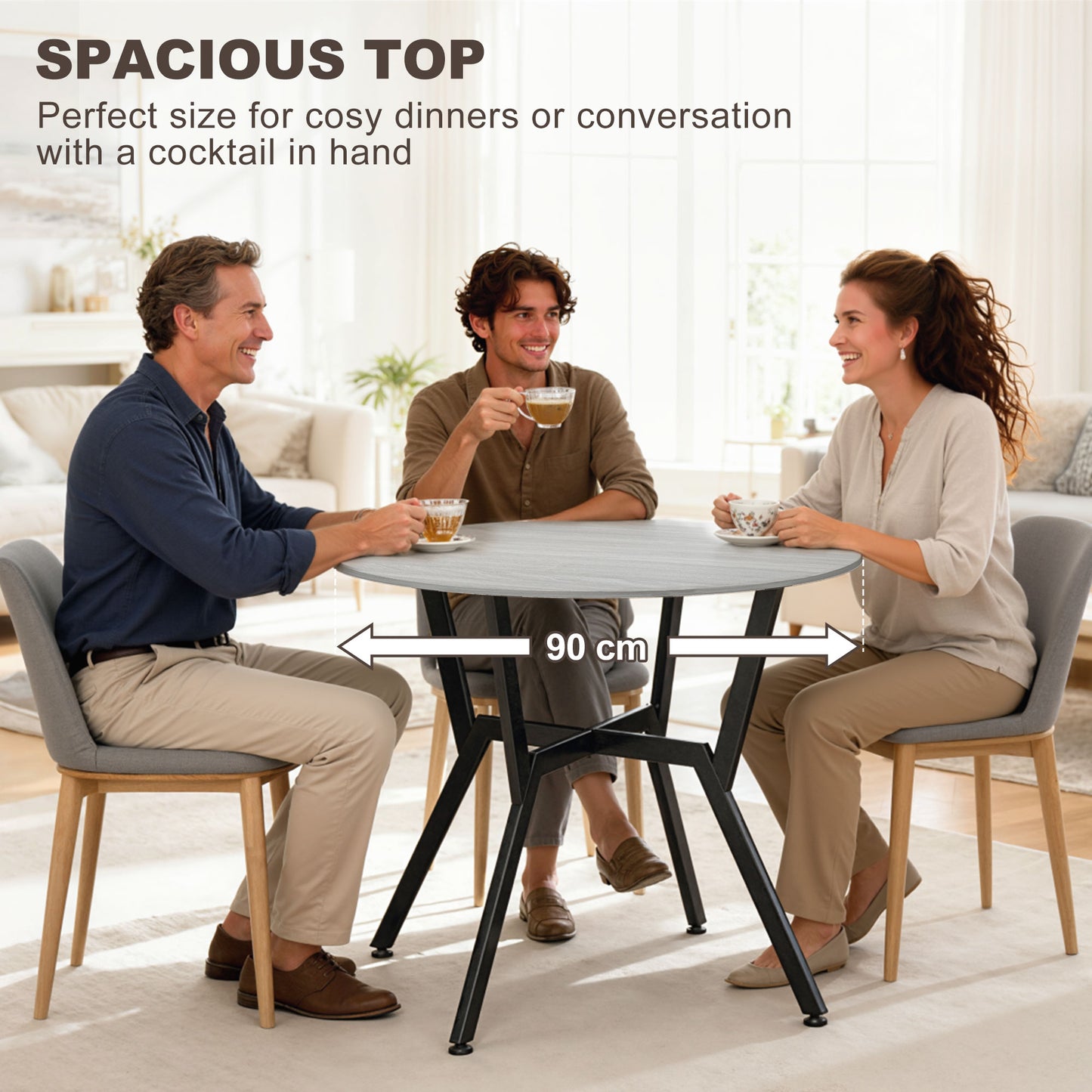 HOMCOM Dining Table, Round Kitchen Table with Black Legs, Anti-slip Foot Pads for Living Room, Dining Room 90 x 76 cm, Grey