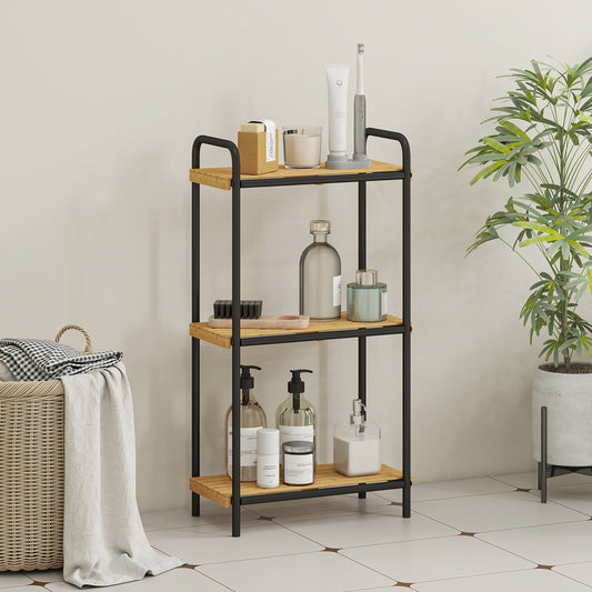 HOMCOM 3-Tier Bamboo Bathroom Storage Shelf, Freestanding Narrow Shelving Unit with Slatted Shelves for Kitchen Bathroom Living Room, 41.5 x 21.5 x 77.5 cm, Natural and Black