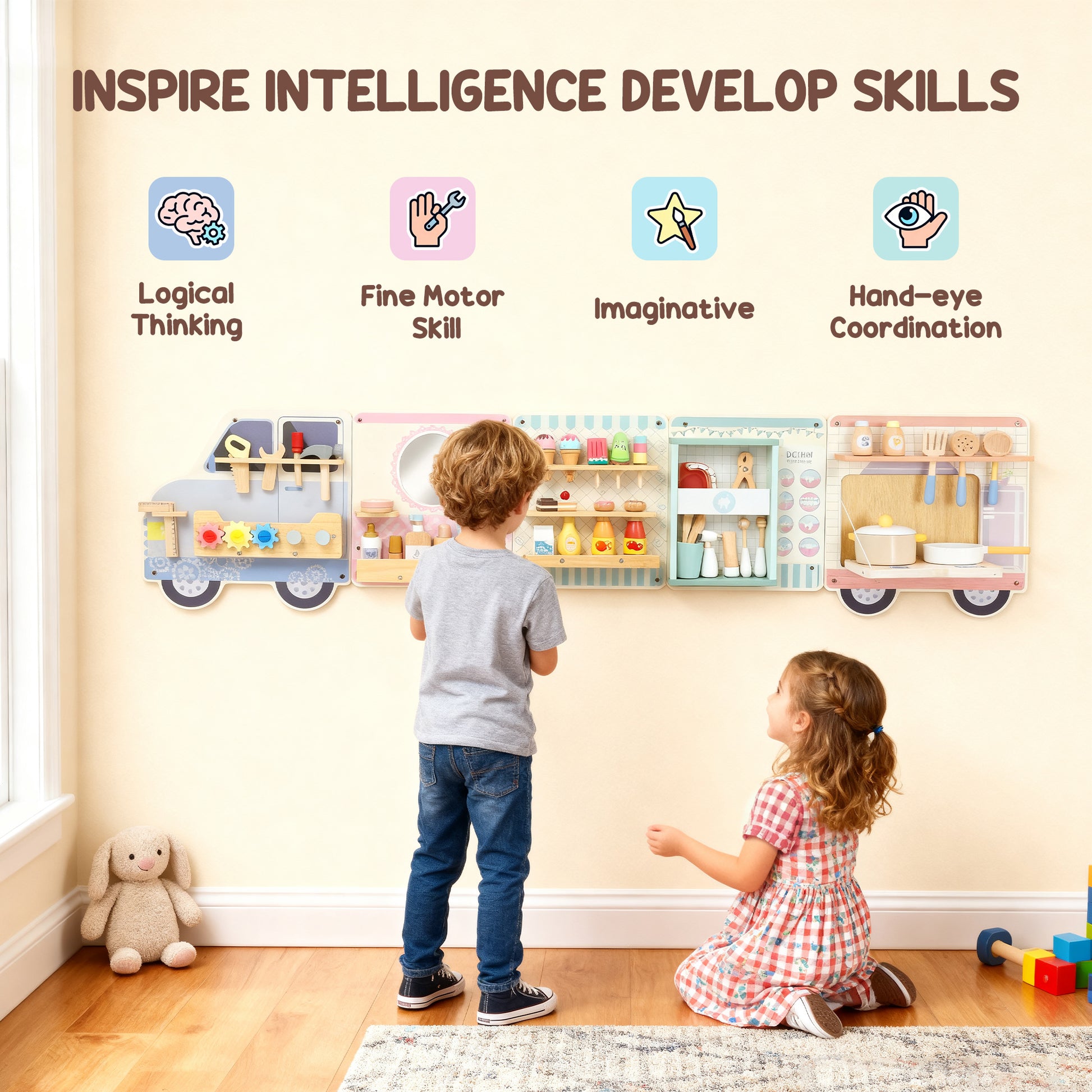 AIYAPLAY Wooden Busy Board, 5 in 1 Activity Wall Panels for Kids 3+ Years, for Daycare, Playroom, Home