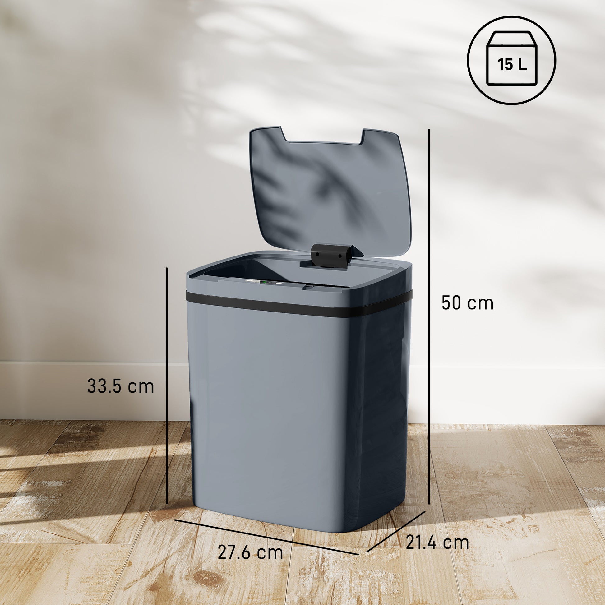 HOMCOM 15L Sensor Bin, Automatic Touchless Kitchen Bin, Easy Clean, Battery Operated for Home Office, Bedroom, Bathroom, Grey