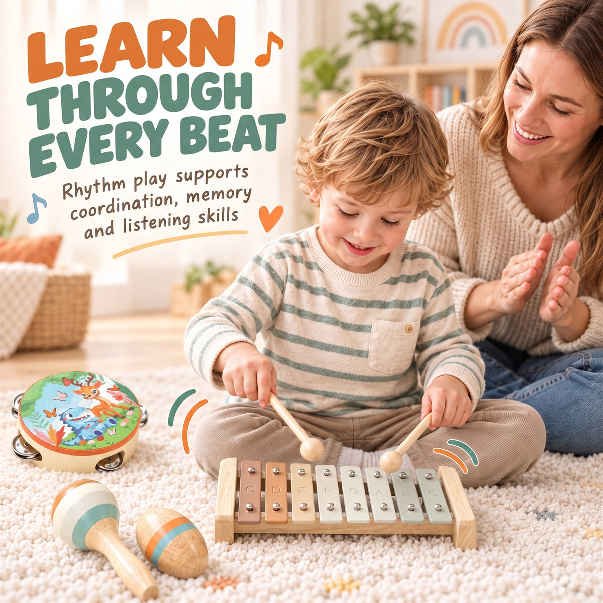 AIYAPLAY Kids Drum Kit, 14 Pieces Wooden Kids Musical Instruments Set with Tone Block, Maracas, Triangle, Xylophone for Toddlers