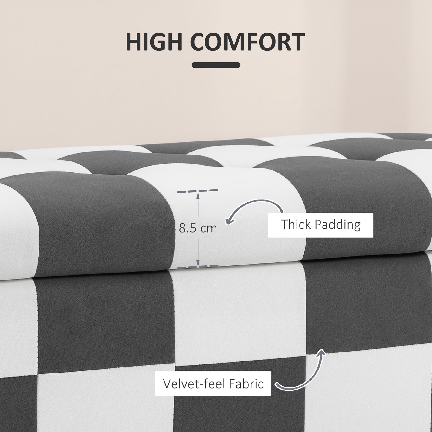 HOMCOM Storage Ottoman, Storage Bench with Wood Legs, Footstool, Footrest with Velvet Surface for Bedroom, Hallway, Living Room, 114 x 47 x 47 cm, Dark Grey and White