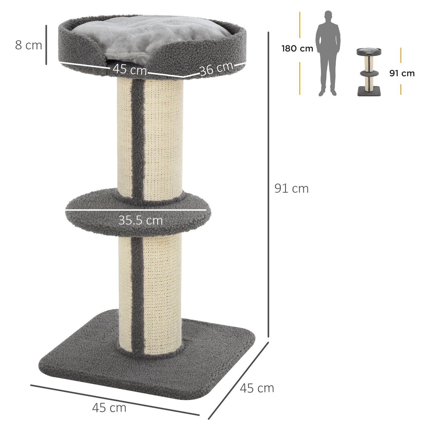 PawHut 91cm Cat Tower Scratching Posts Cat Tree for Indoor Kittens Activity Centre Grey