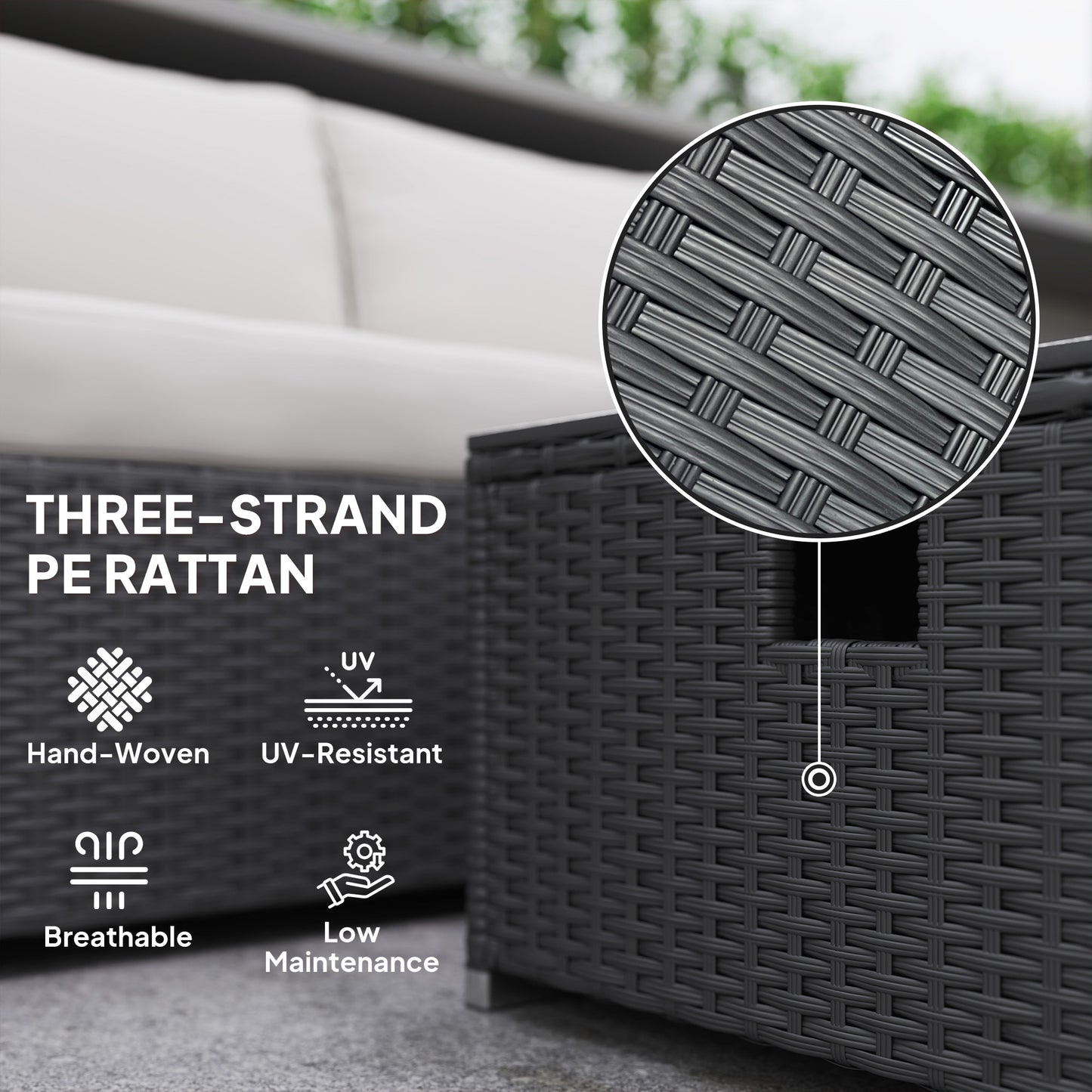 Outsunny Five Piece Rattan Garden Furniture Set with Gas Fire Pit Table and Footstool - Black and Cream White