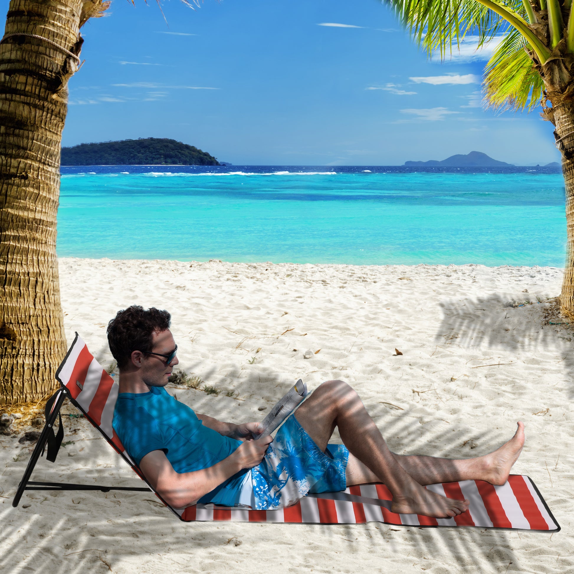 Outsunny Set of 2 Foldable Garden Beach Chair Mat, Outdoor Sun Lounger Seats with Adjustable Back, Magazine Pocket, Carry Strap