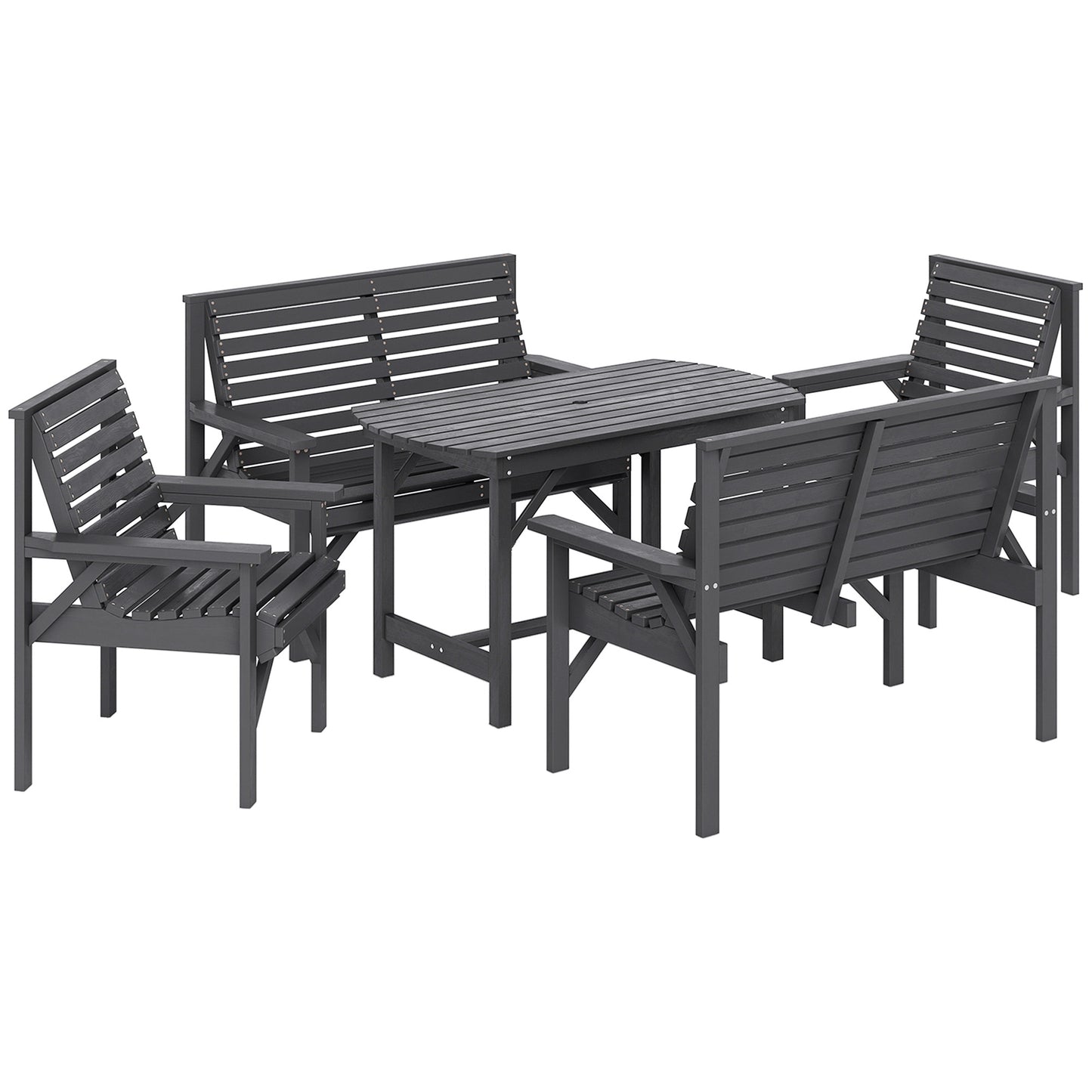 Outsunny 5 Piece Wooden Garden Dining Set for 6, Outdoor Conversation Set with 2 Armchairs, 2 Loveseats and Dining Table with Umbrella Hole for Patio, Balcony, Grey Default Title