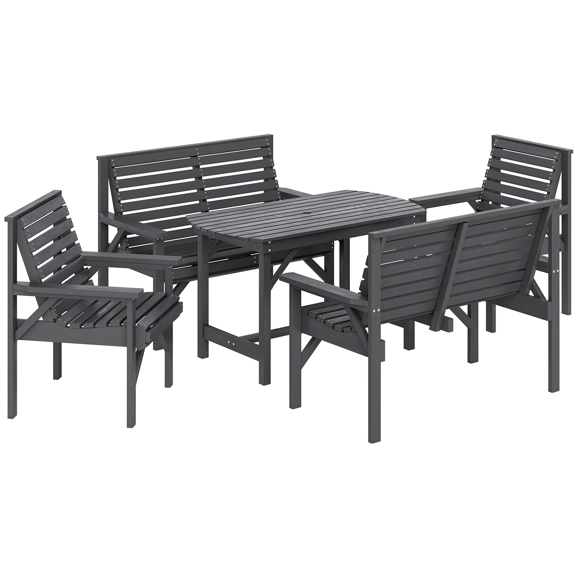 Outsunny 5 Piece Wooden Garden Dining Set for 6, Outdoor Conversation Set with 2 Armchairs, 2 Loveseats and Dining Table with Umbrella Hole for Patio, Balcony, Grey Default Title