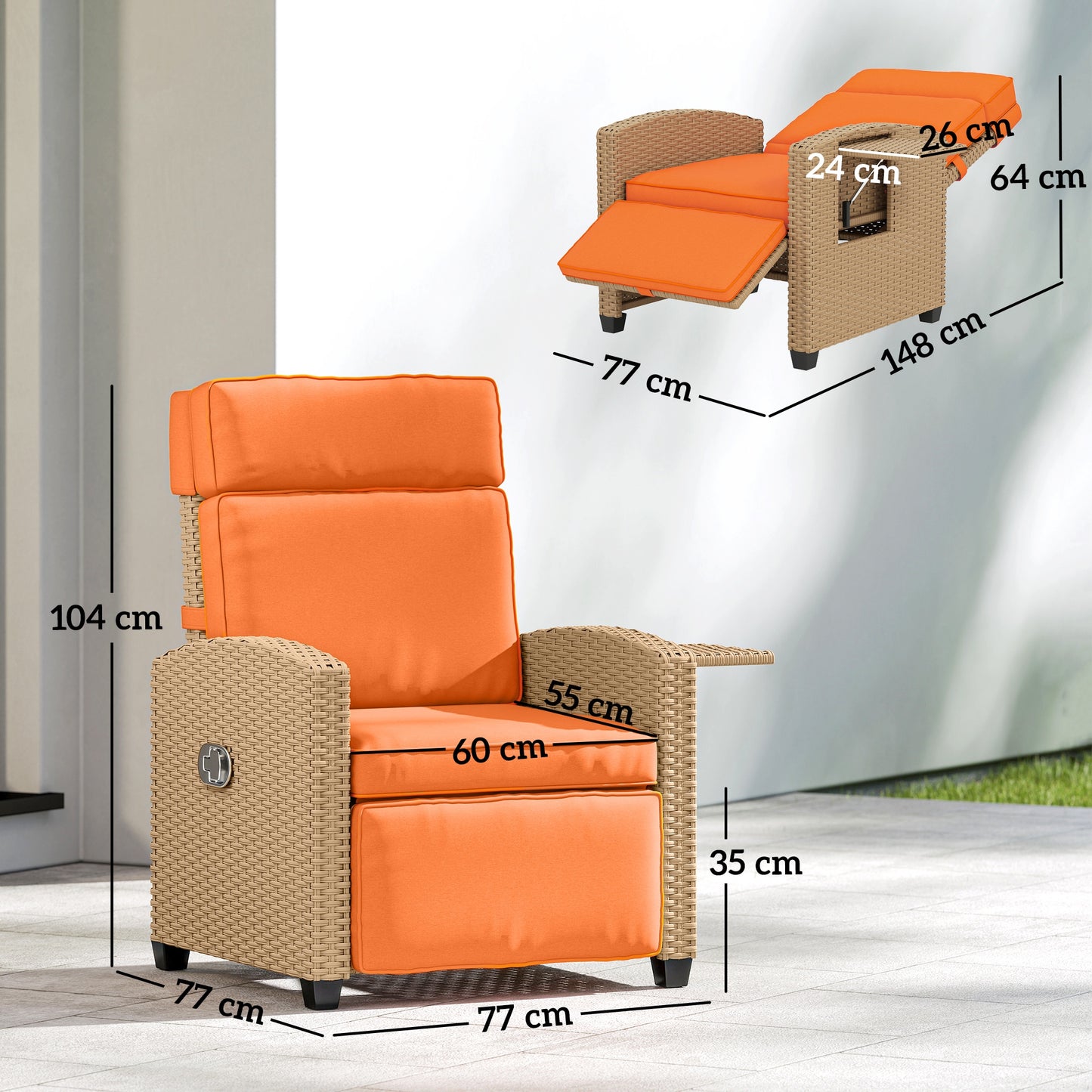 Outsunny 145Â° Reclining Rattan Armchair, with Footrest - Khaki/Orange
