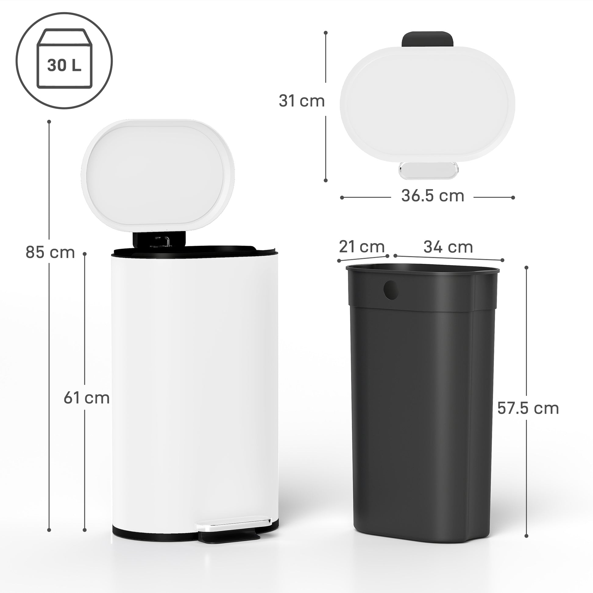 HOMCOM 30 L Modern Curved Kitchen Bin - White