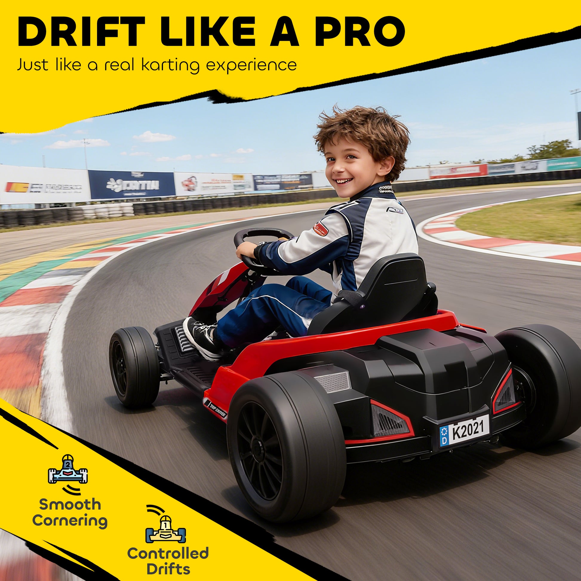 AIYAPLAY 24V Electric Go Kart, Drift Kart with Adjustable Seat, Slow Start, 5-Point Harness, Music, for 6-12 Years, Red