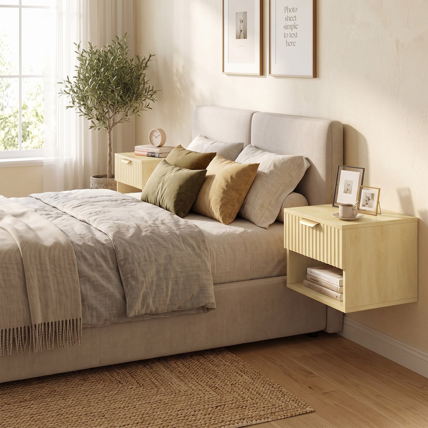 HOMCOM Floating Nightstands Set of 2, Modern Wall-Mounted Bedside Tables with Fluted Drawer and Open Shelf for Bedroom, Oak