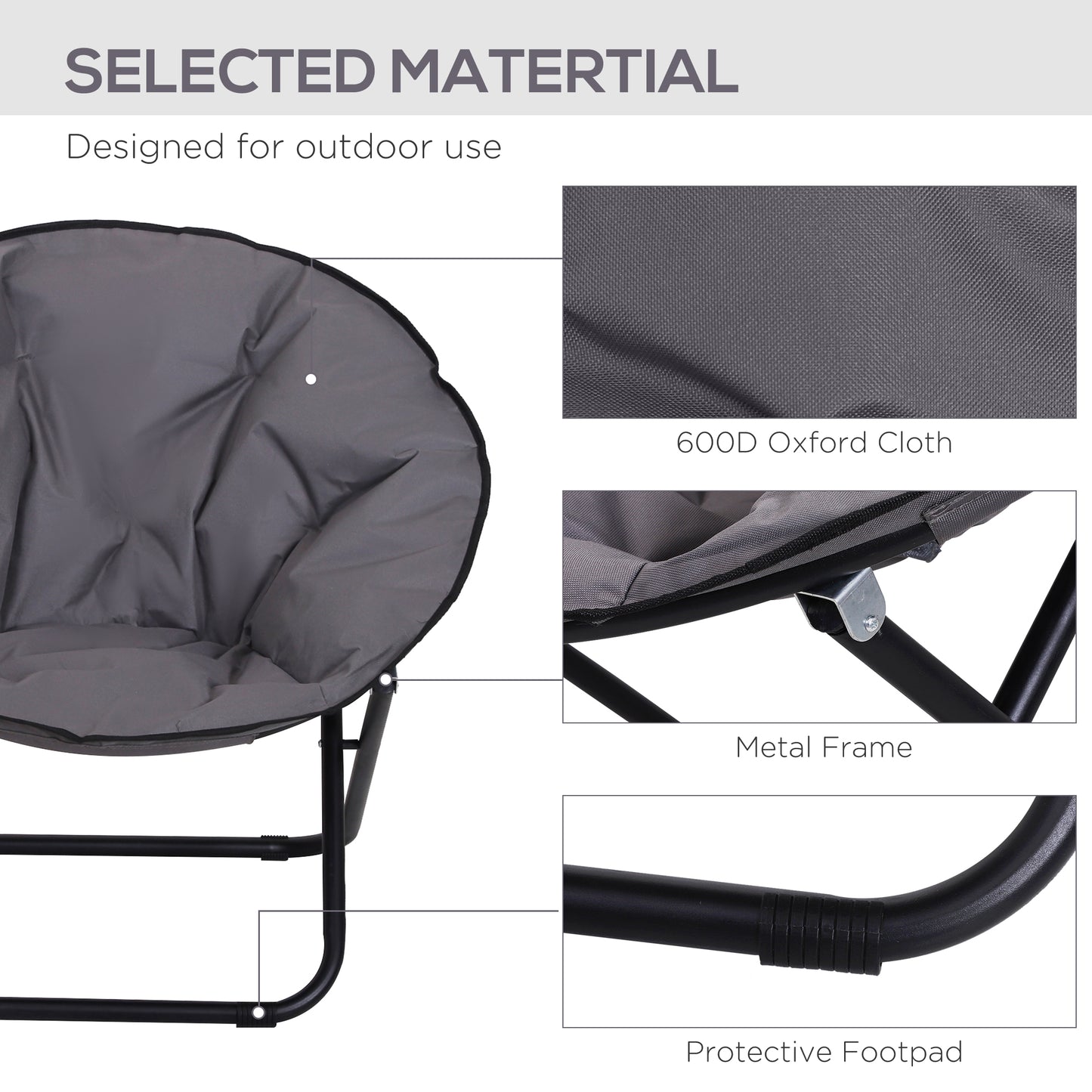 Outsunny Camping Moon Chair, Portable Folding Camping Chair for Adults with Wide Padded Oxford Seat for Outdoor Camp, Travel, Fishing, Beach, Grey