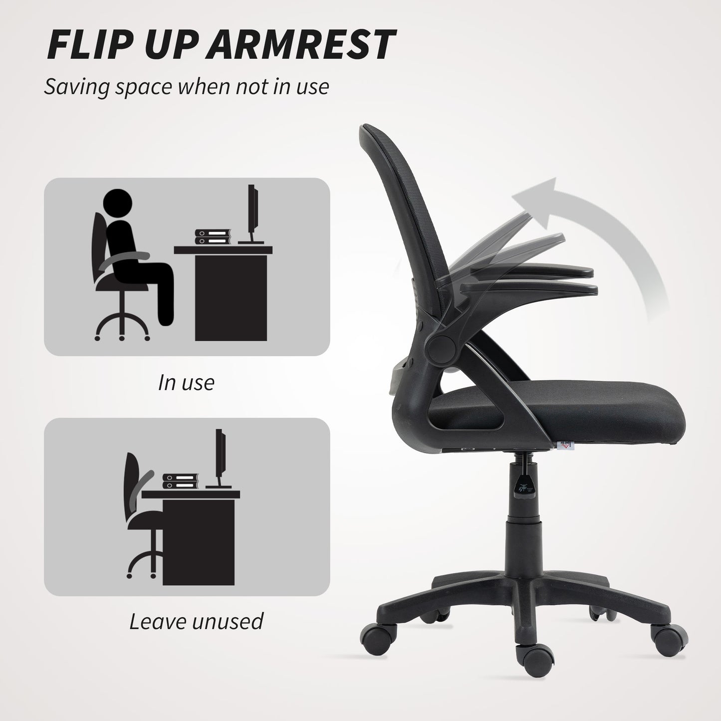 HOMCOM Breathable Mesh Office Chair, Ergonomic Swivel Computer Chair with Flip-up Armrests, Lumbar Back Support for Home/Office, Black