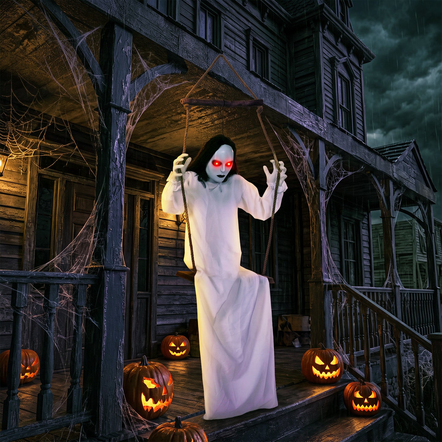 HOMCOM 170cm Animated Hanging Swing Ghost Halloween Decoration, Sound Touch Activated Ghost Halloween Animatronic