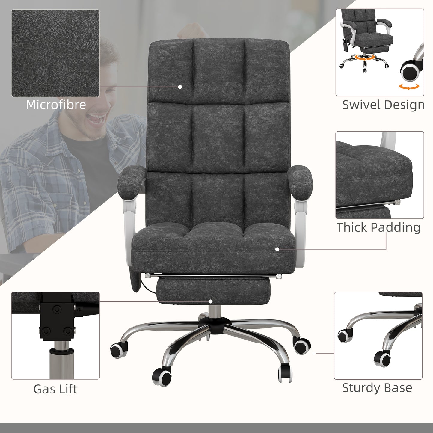 Vinsetto Massage Office Chair, Ergonomic Desk Chair, Comfy Work Study Chair with Heat, Padded Seat, 135Â° Reclining Back and Footrest for Home Office, Charcoal Grey
