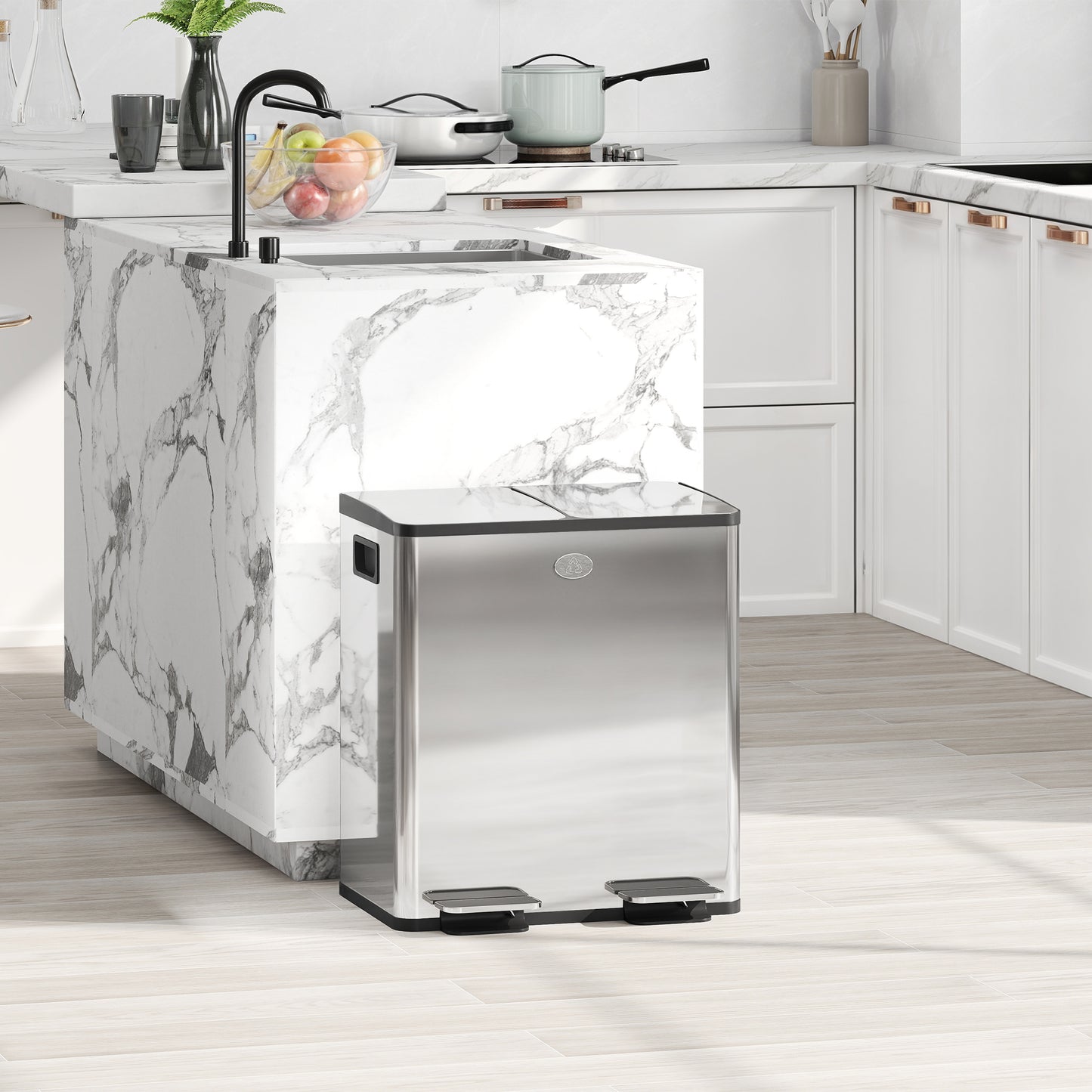 HOMCOM 40L Dual Compartment Stainless Steel Bin, with Deodoriser Holders - Silver Tone