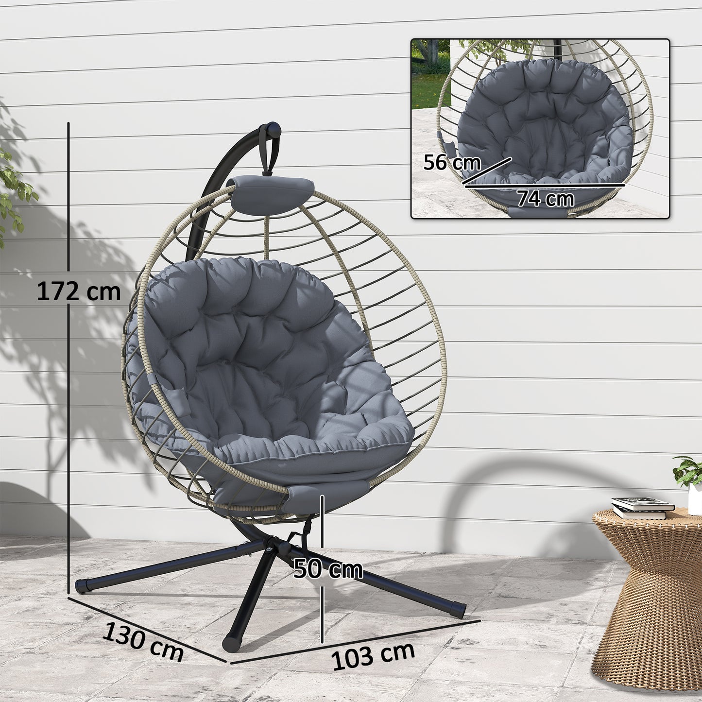 Outsunny PE Rattan Swing Chair, Outdoor Hanging Chair with Metal Stand, Thick Padded Cushion, Foldable Basket and Cup Holder, for Indoor and Outdoor, Grey