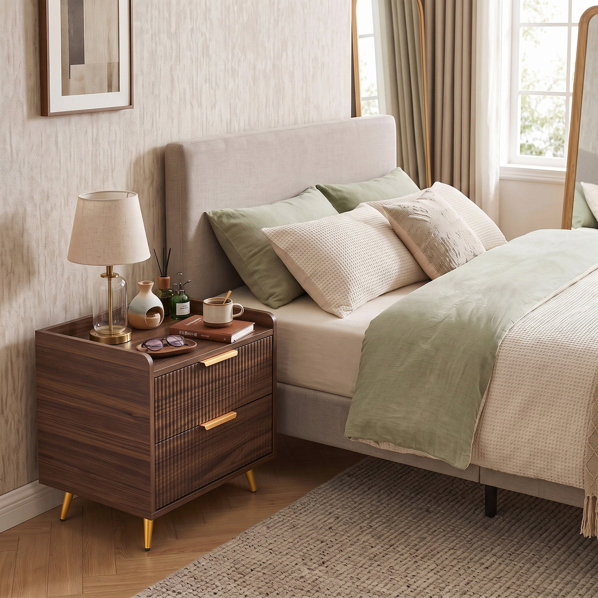 HOMCOM Elegant Two-Drawer Bedside Table - Walnut Brown