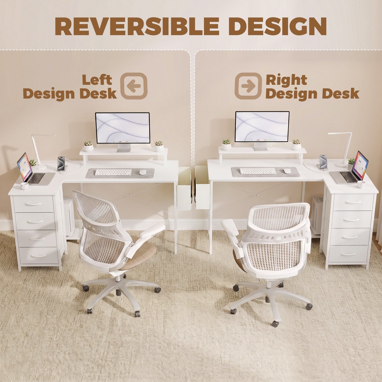 HOMCOM L Shaped Gaming Desk Reversible Power Outlets Corner Desk Storage Drawers Monitor Shelf 150 cm White