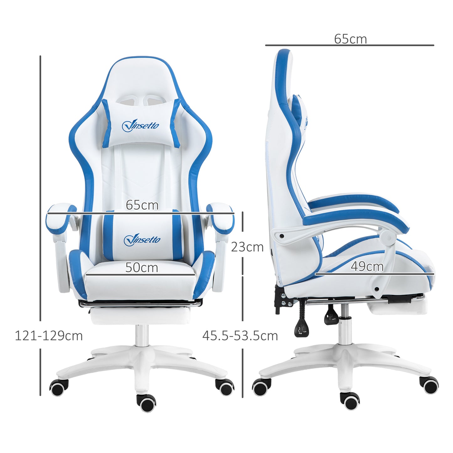 Vinsetto Computer Gaming Chair, PU Leather Office Desk Chair with Footrest, Swivel Wheels, 135Â° Reclining Back, Lumbar Support, Headrest for Home, White and Blue