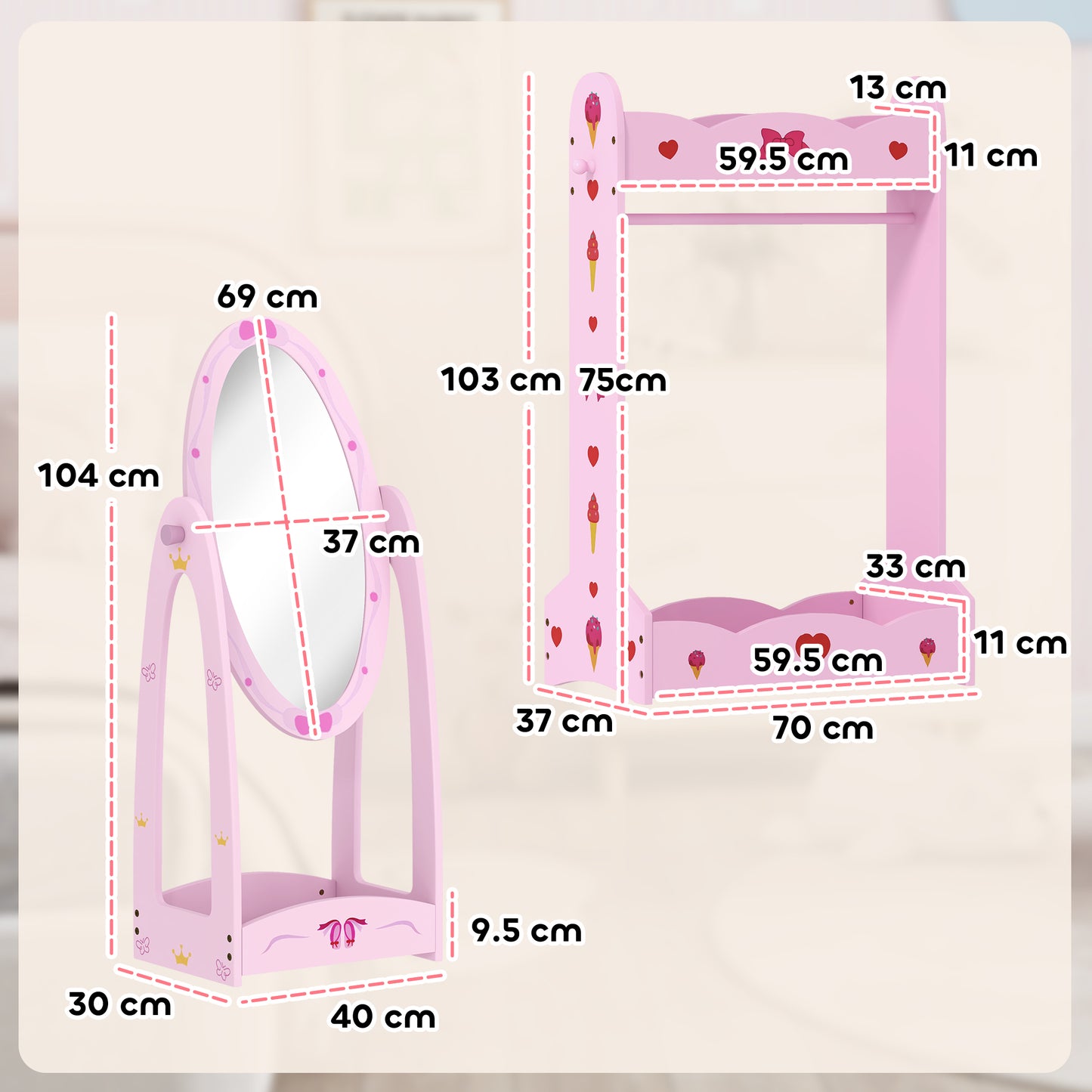 AIYAPLAY Kids Clothes Rail, Kids Dressing Mirror with 360° Rotating, 2 Piece Kids Furniture Set with Storage Shelves, Pink