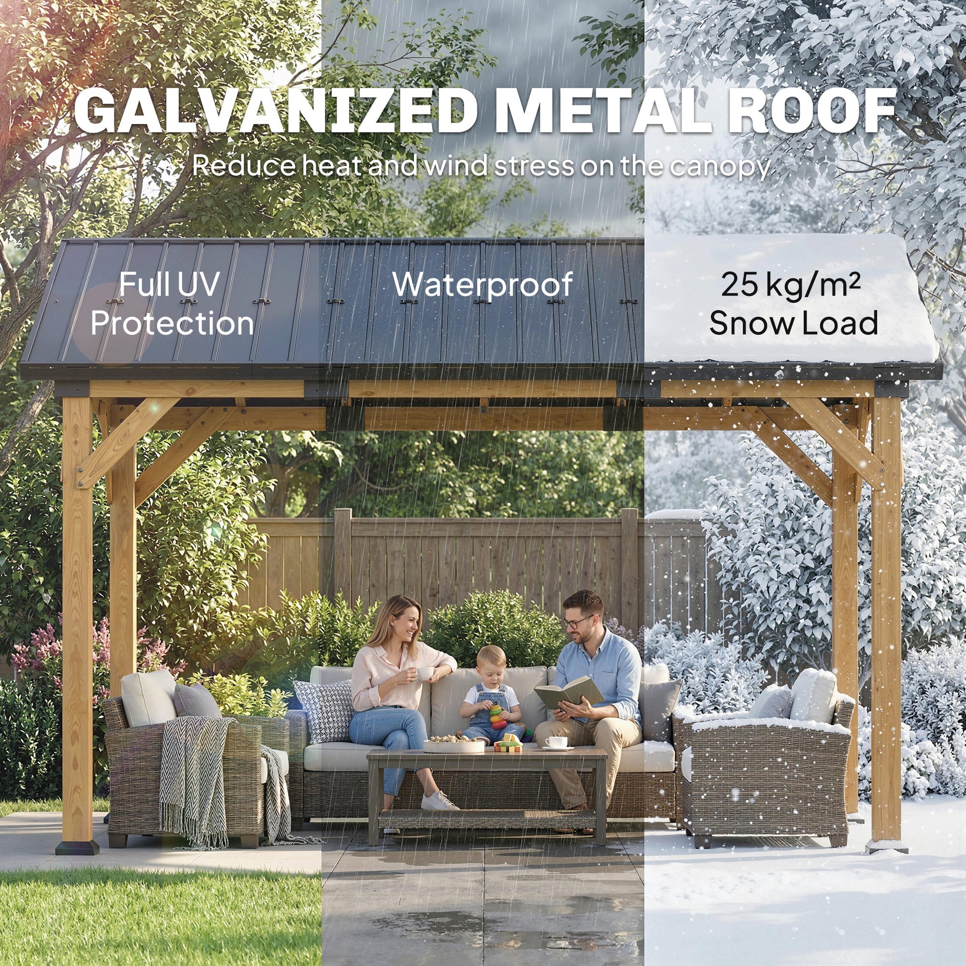 Outsunny 3.5 x 4 m Hardtop Gazebo Canopy with Galvanised Metal Roof, Fir Wood Frame and Hook for Patio, Garden, Black Grey