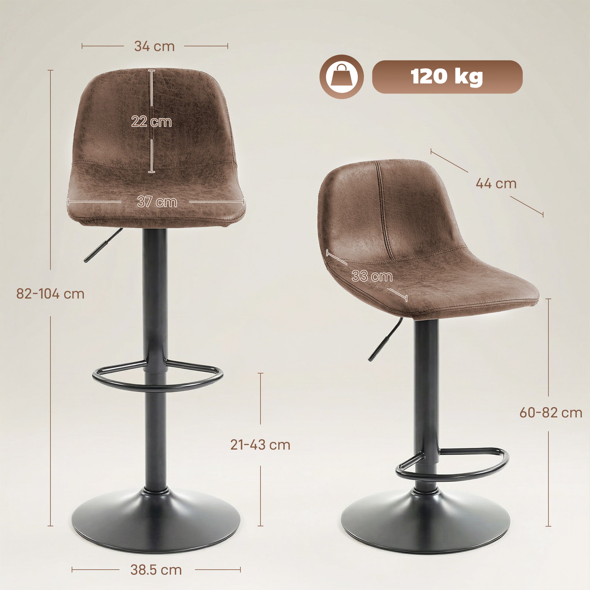 HOMCOM Bar Stools Set of 2, Modern Swivel Barstools with Footrest for Kitchen Island and Dining Room, Brown