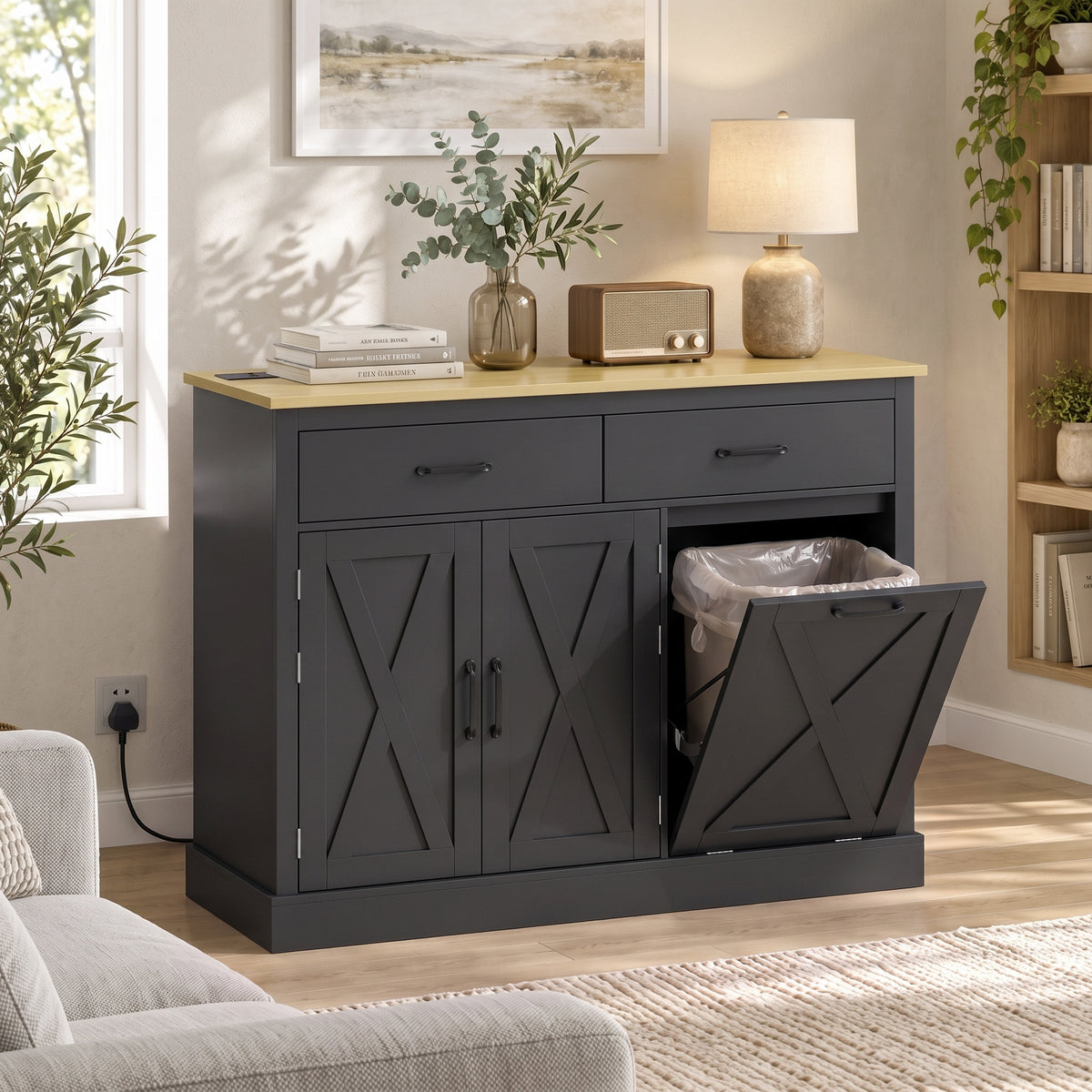HOMCOM Tilt Out Trash Cabinet with Charging Station, Kitchen Island with Storage, 57 Liter Hidden Rubbish Bin Storage, Black