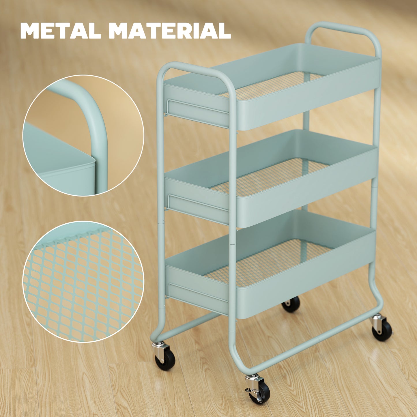 HOMCOM 3-Tier Storage Trolley on Wheels, Rolling Utility Cart with Mesh Backets for Kitchen, Bathroom, Bedroom, Light Green