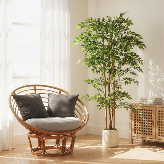 HOMCOM 180cm Artificial Ficus Tree, Fake Potted Tree with Solid Wood Trunk and Pot for Indoor, Green