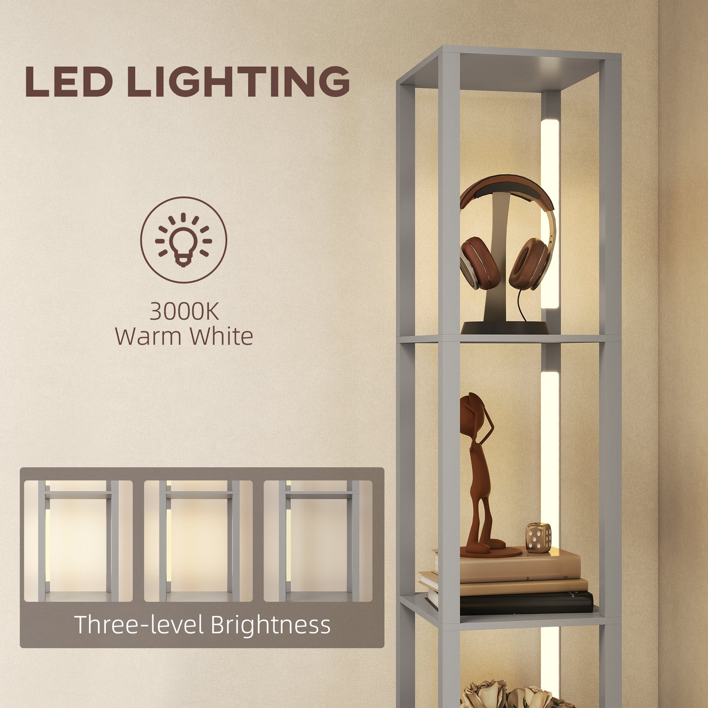 HOMCOM Floor Lamp with Shelves, LED Column Modern Standing Lamp with Fabric Drawer, Adjustable Brightness, Foot Switch for Living Room, Bedroom, Office, Grey