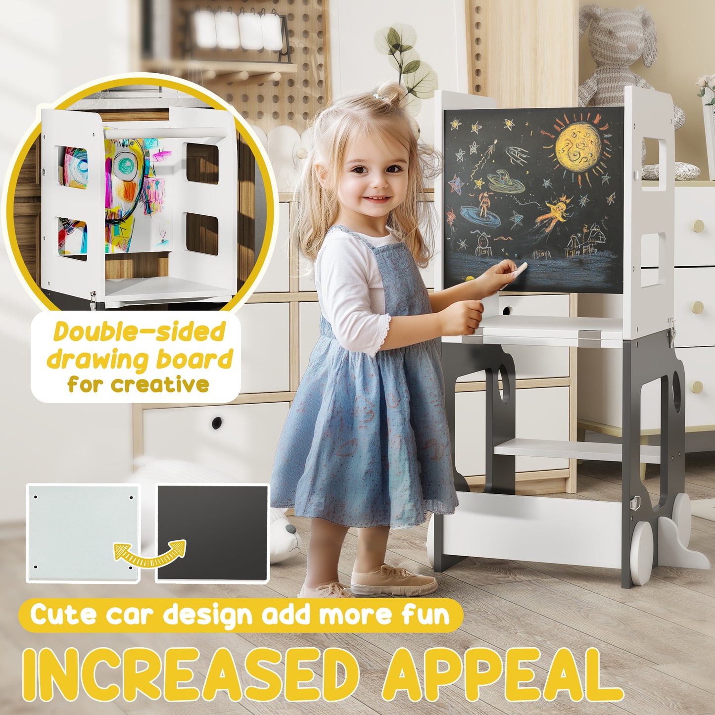 AIYAPLAY Toddler Step Stool, 4 in 1 Standing Tower, Foldable Toddler Step with Safety Rail, for Kitchen, Bathroom, Grey
